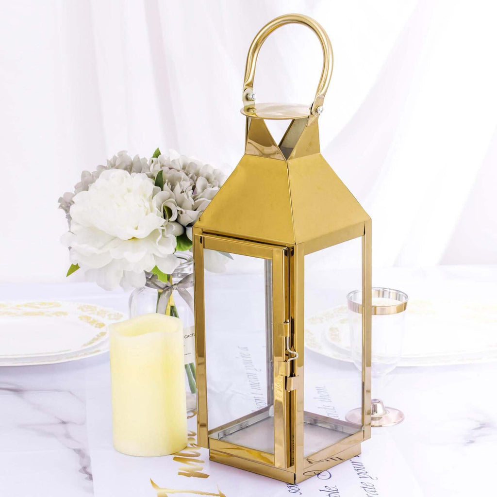 Stainless Steel Candle Lantern Crown Top Design Gold - Outdoor Metal Patio Lantern Centerpiece 14"