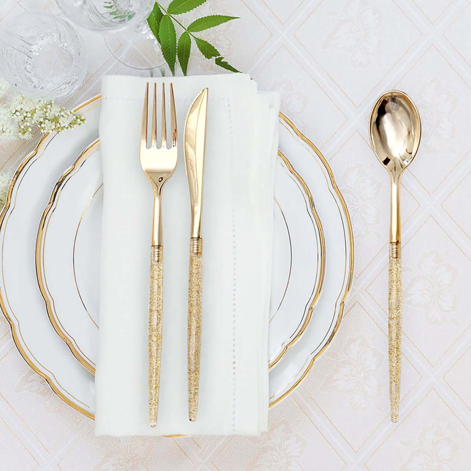24-Pack Plastic Cutlery Set Metallic Gold with Gold Glitter - Stylish Disposable Silverware Pack 8"