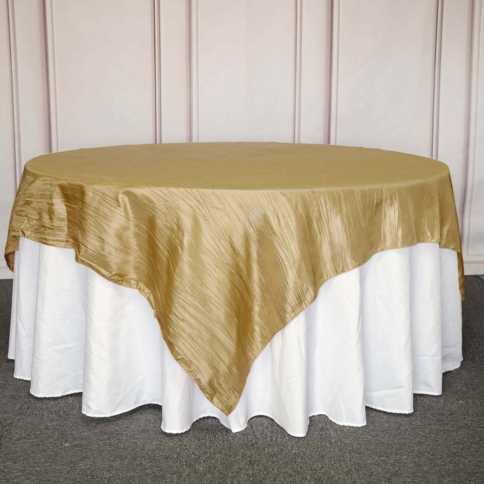 Taffeta 90"x90" Table Overlay Square Tablecloth Gold - Accordion Crinkle Design for Modern Celebrations