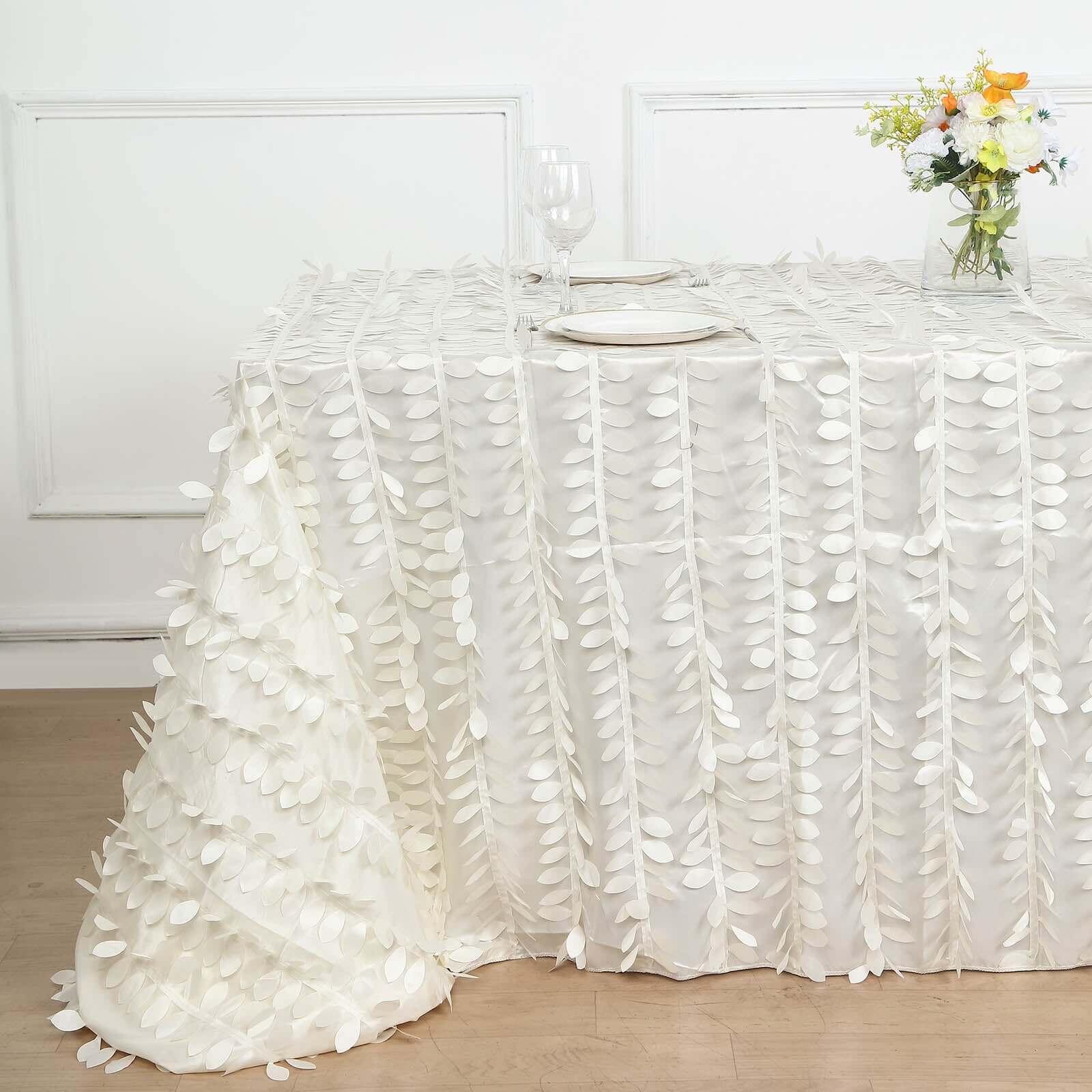 Taffeta 90"x156" Rectangle Tablecloth Ivory | 3D Leaf Petal Design Seamless Table Cover