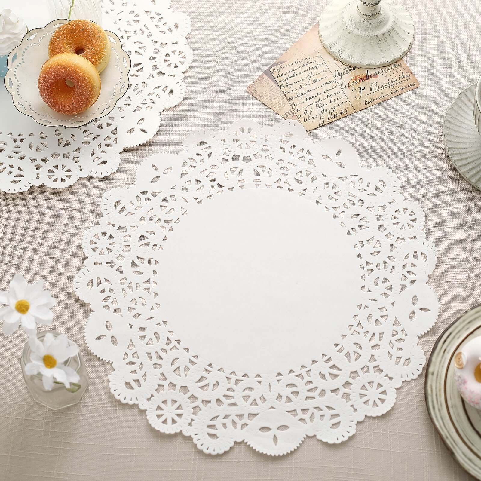 100 Pcs Paper 14" Round Placemats in White - Food Grade Lace Paper Doilies for Dessert Display & Table Decor