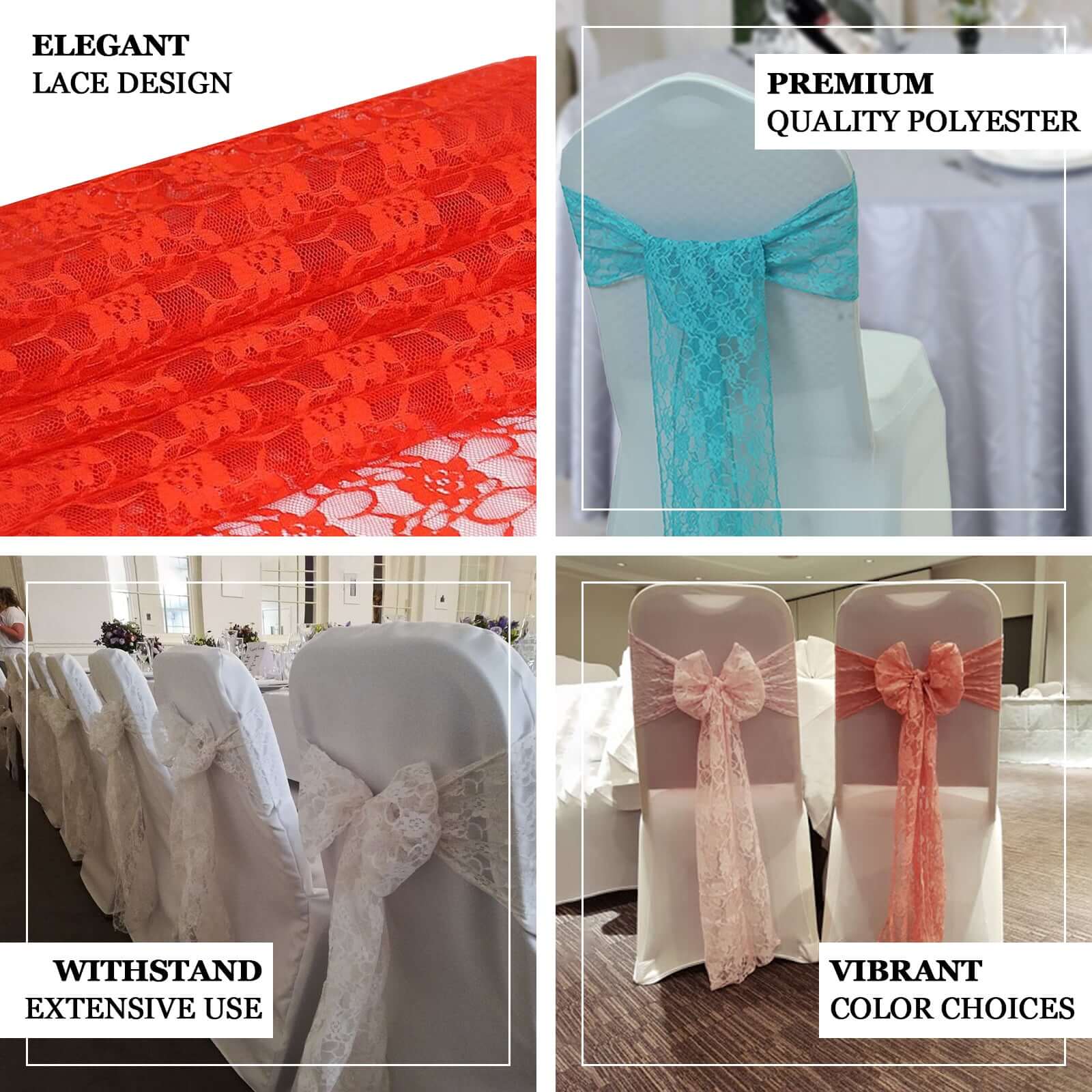 5 Pack Lace Chair Sashes Coral with Vintage Floral Motif 6"x108"