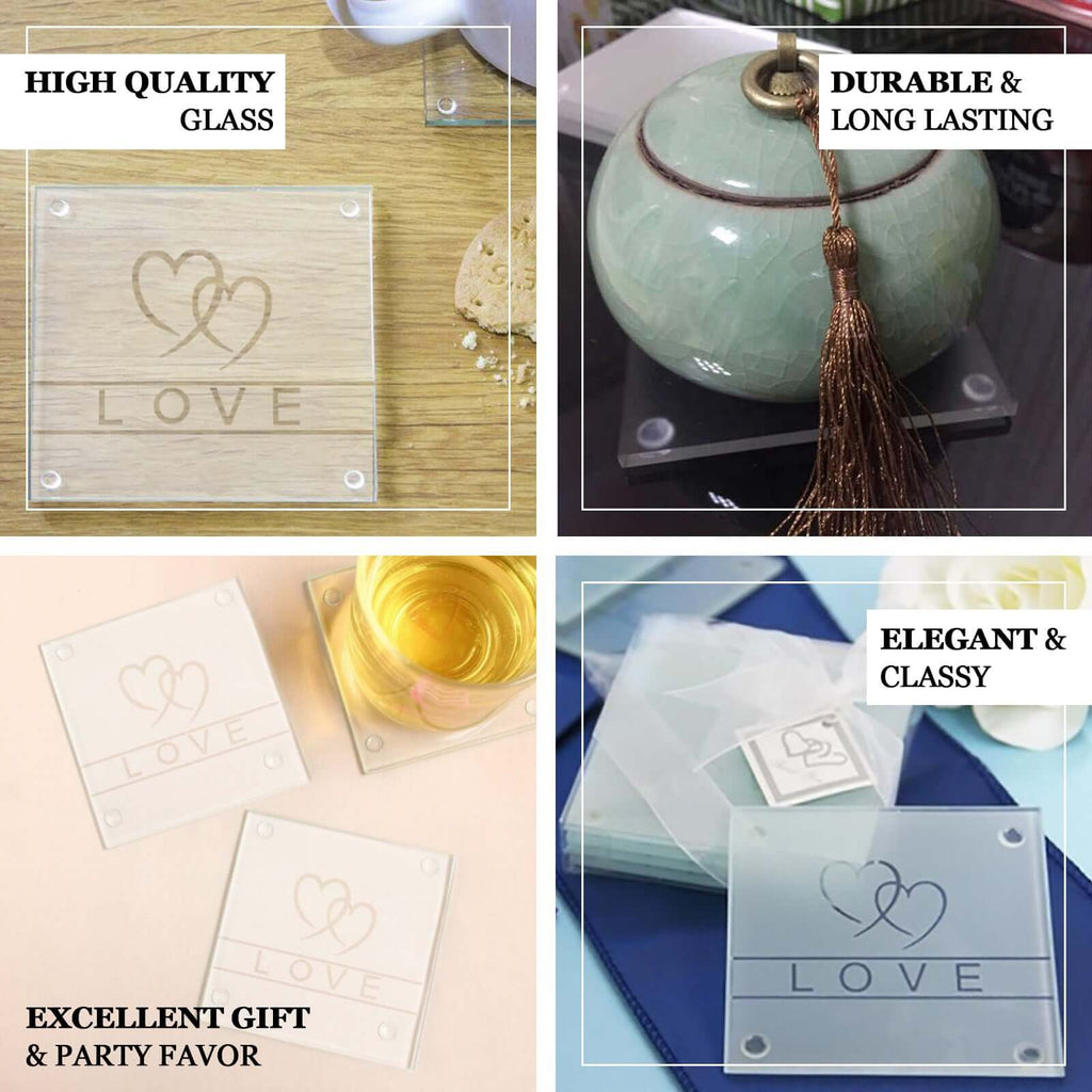 4 Pack 3" Gift Wrapped Love Engraved Square Party Favors Glass Coasters With Thank You Tag