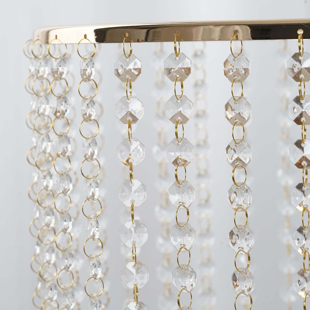 Metal Cake Stand Round Design Metallic Gold with Crystal Chains 14" Dia - Cupcake Dessert Pedestal 8" Tall