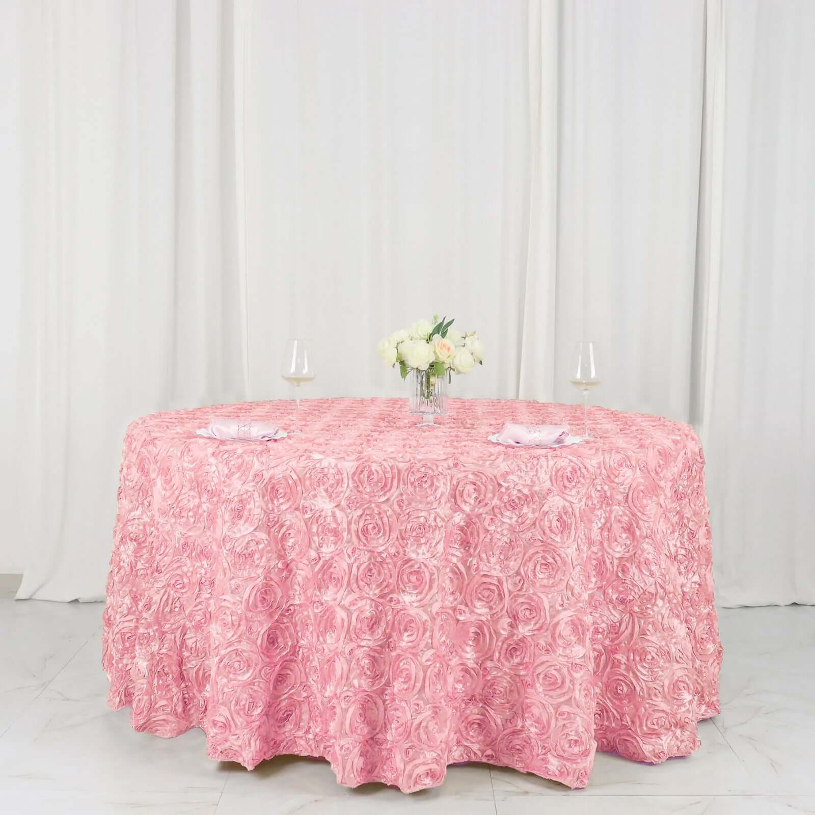 Satin 120" Round Tablecloth Pink - Grandiose 3D Rosette with Seamless Finish Table Cover