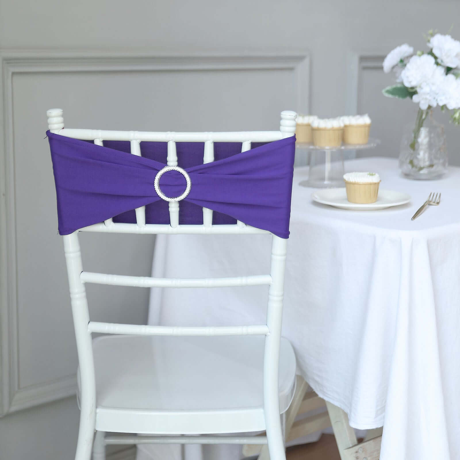 5 Pack Stretch Spandex Chair Sashes Purple - Reusable Chair Bands with Silver Diamond Ring Slide Buckle 5"x14"