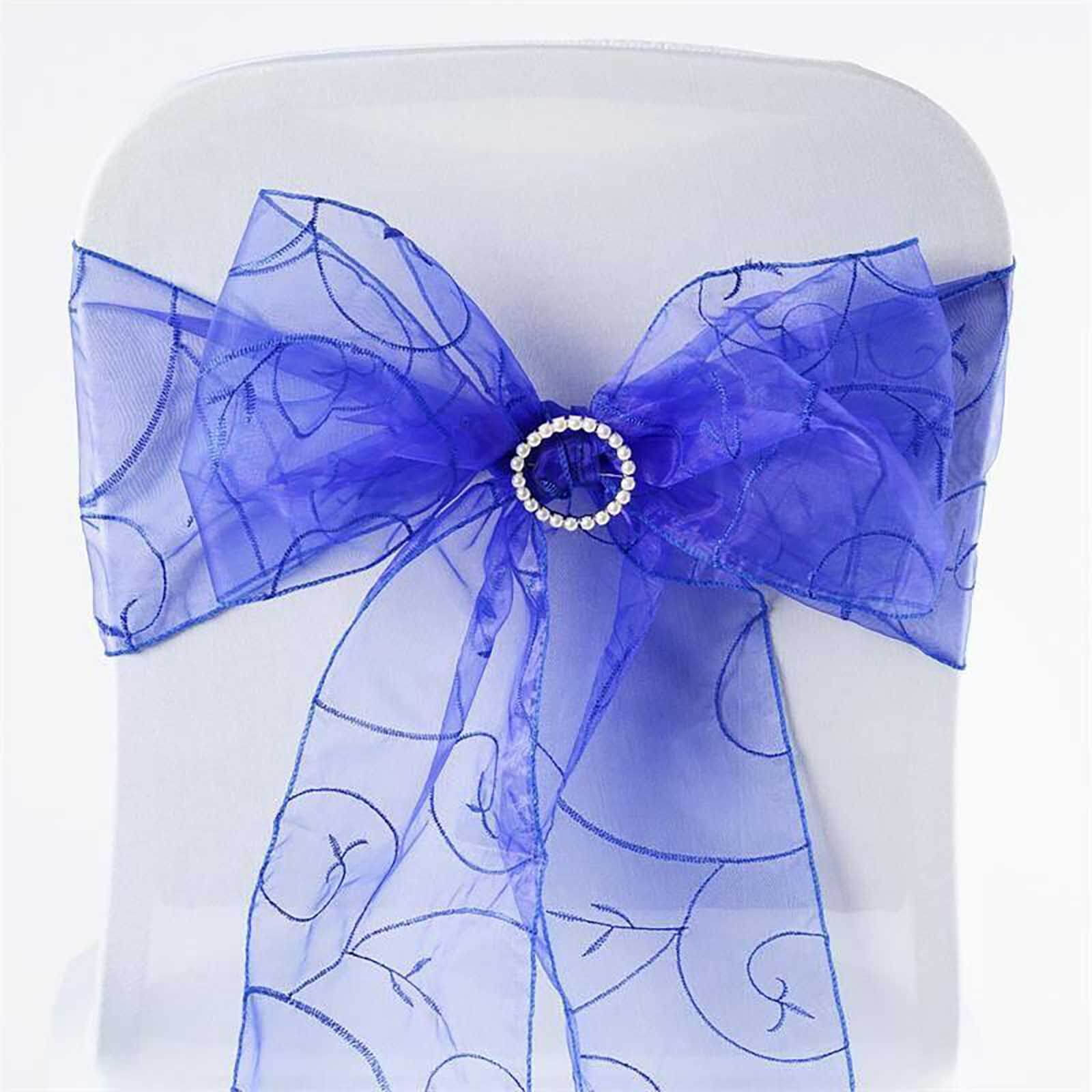 5 Pack Organza Chair Sashes with Satin Leaf Embroidery Royal Blue - Reusable Sheer Design 7"x108"