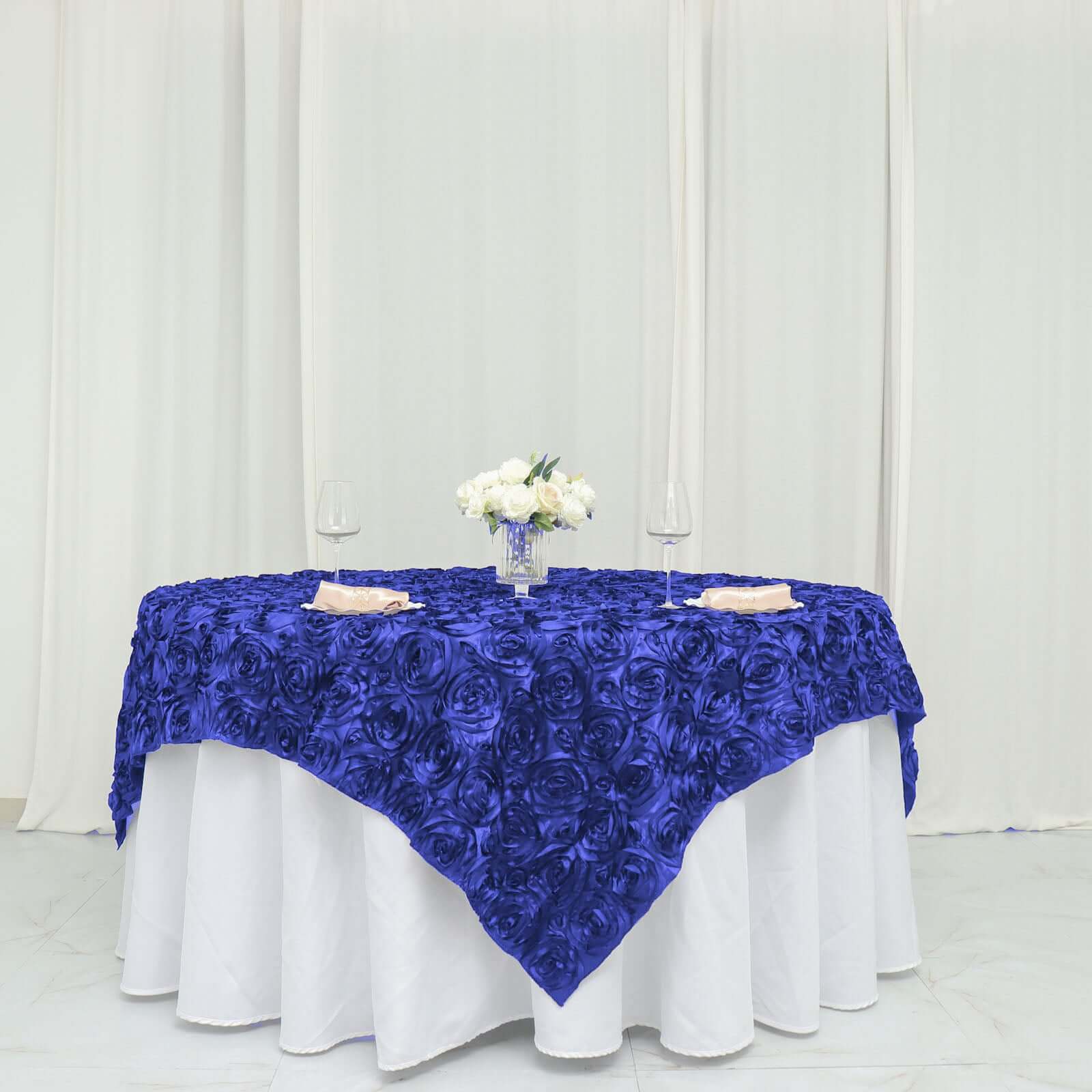 Satin 72"x72" Table Overlay Square Tablecloth Royal Blue - 3D Rosette Table Cover