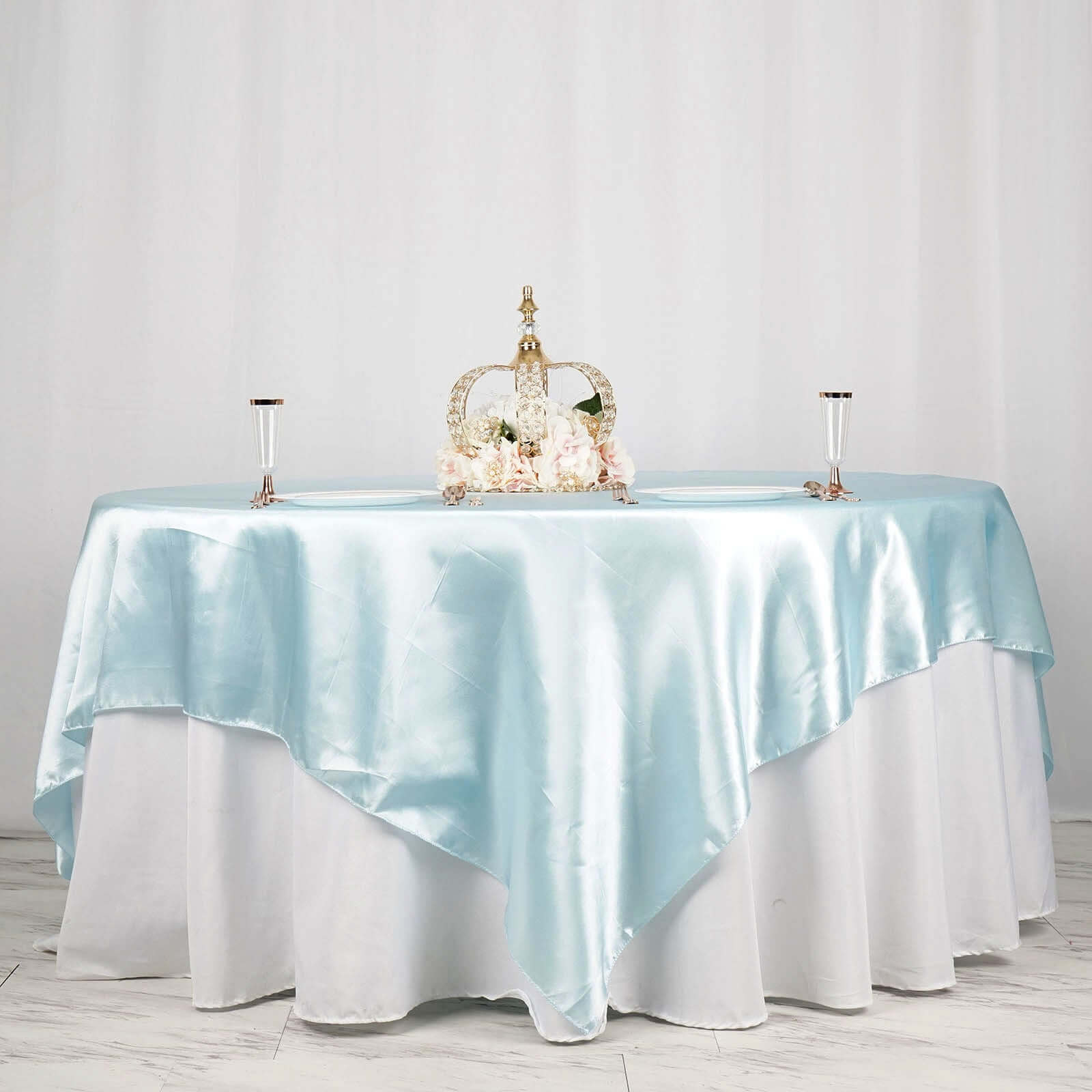 Satin 90"x90" Table Overlay Square Tablecloth Light Blue - Smooth Finish Table Topper