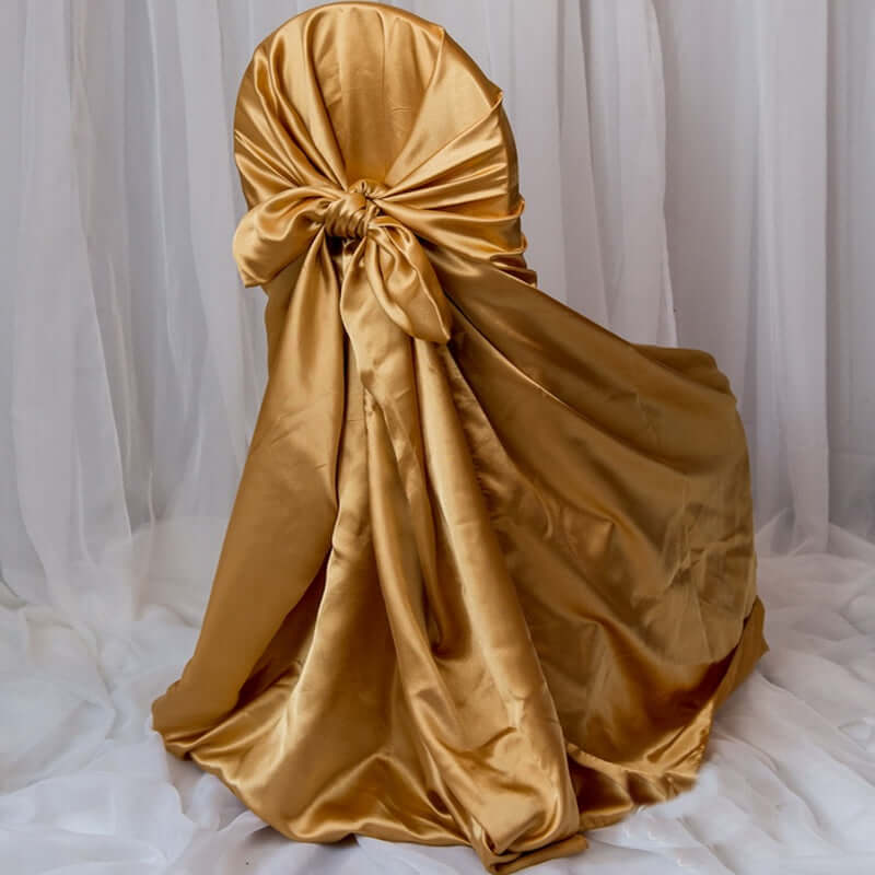 Satin Chair Cover Self-Tie Universal Design Gold - Durable Slip-On Cover for Folding, Dining, Banquet & Standard Chairs