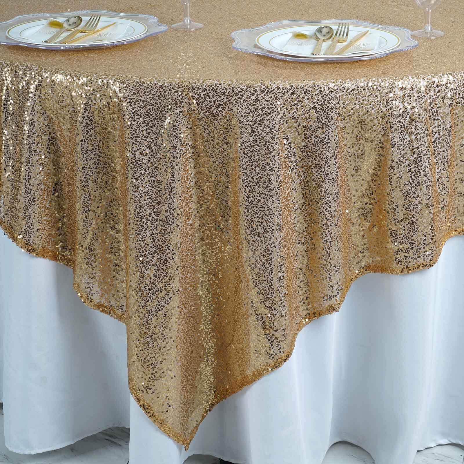 Sequin 90"x90" Table Overlay Square Tablecloth Gold - Sparkly Design for Stylish Celebrations