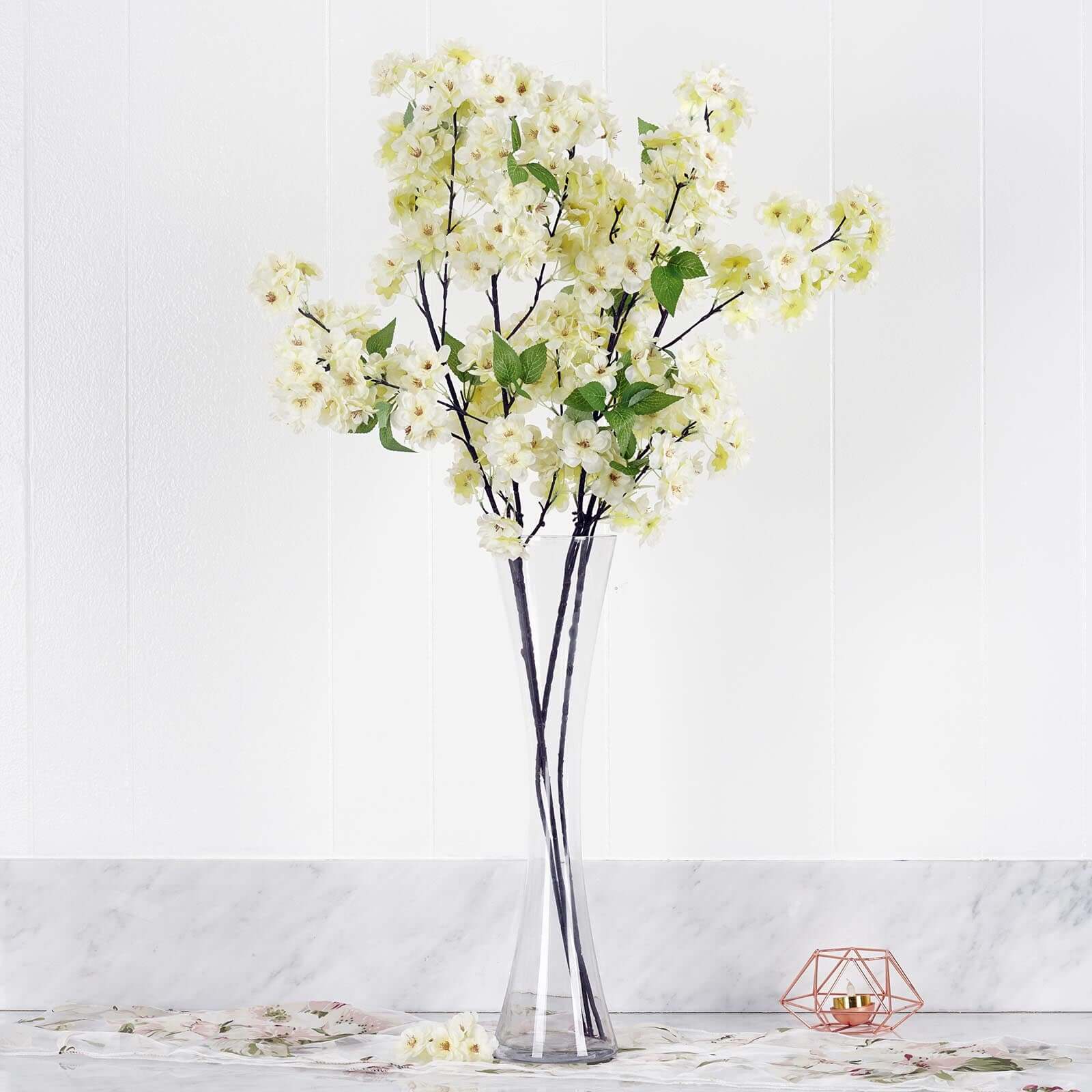 4 Bushes 40" Tall Cream Artificial Silk Cherry Blossom Flowers, Branches