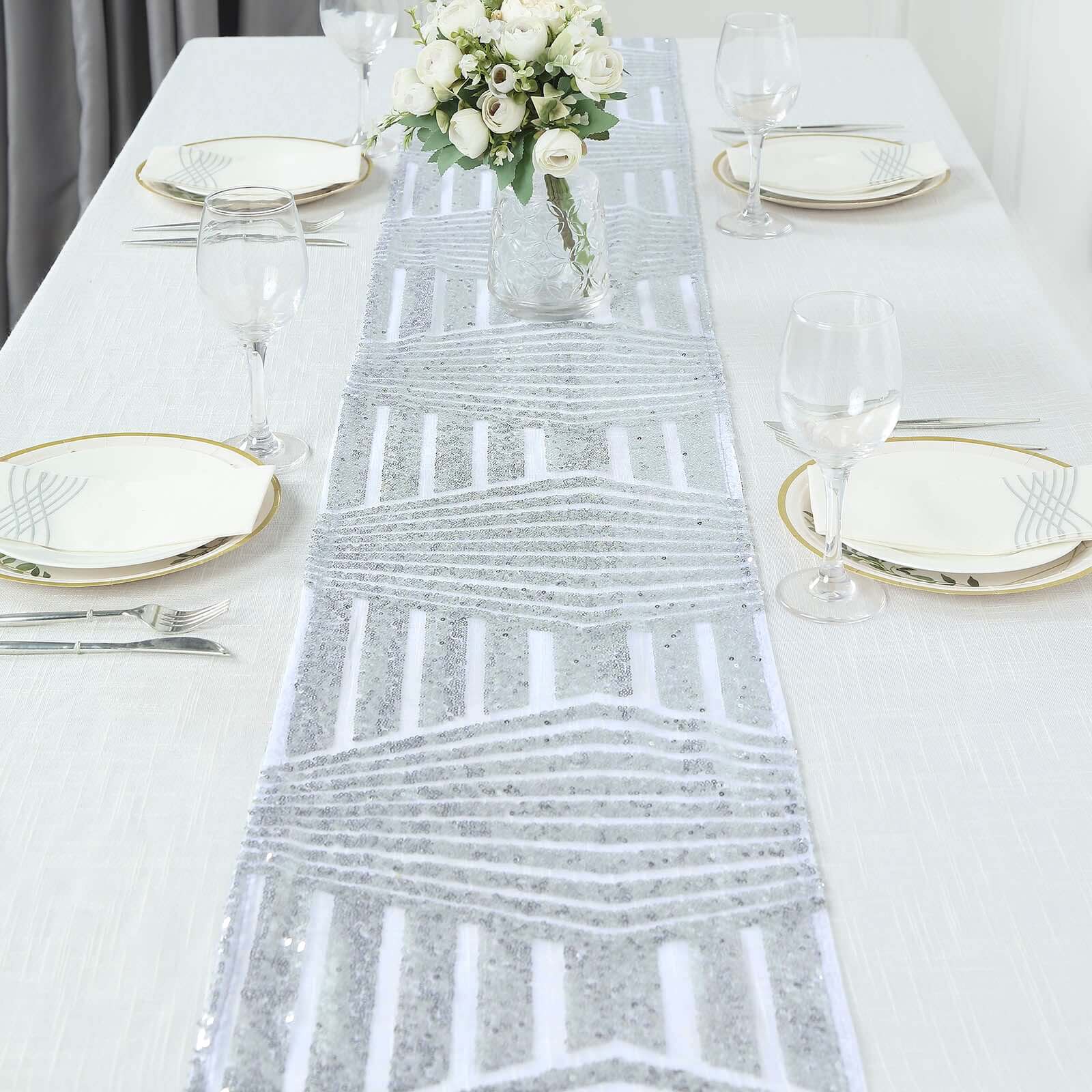 Sequin 12"x108" Table Runner Silver - Diamond Glitz Design