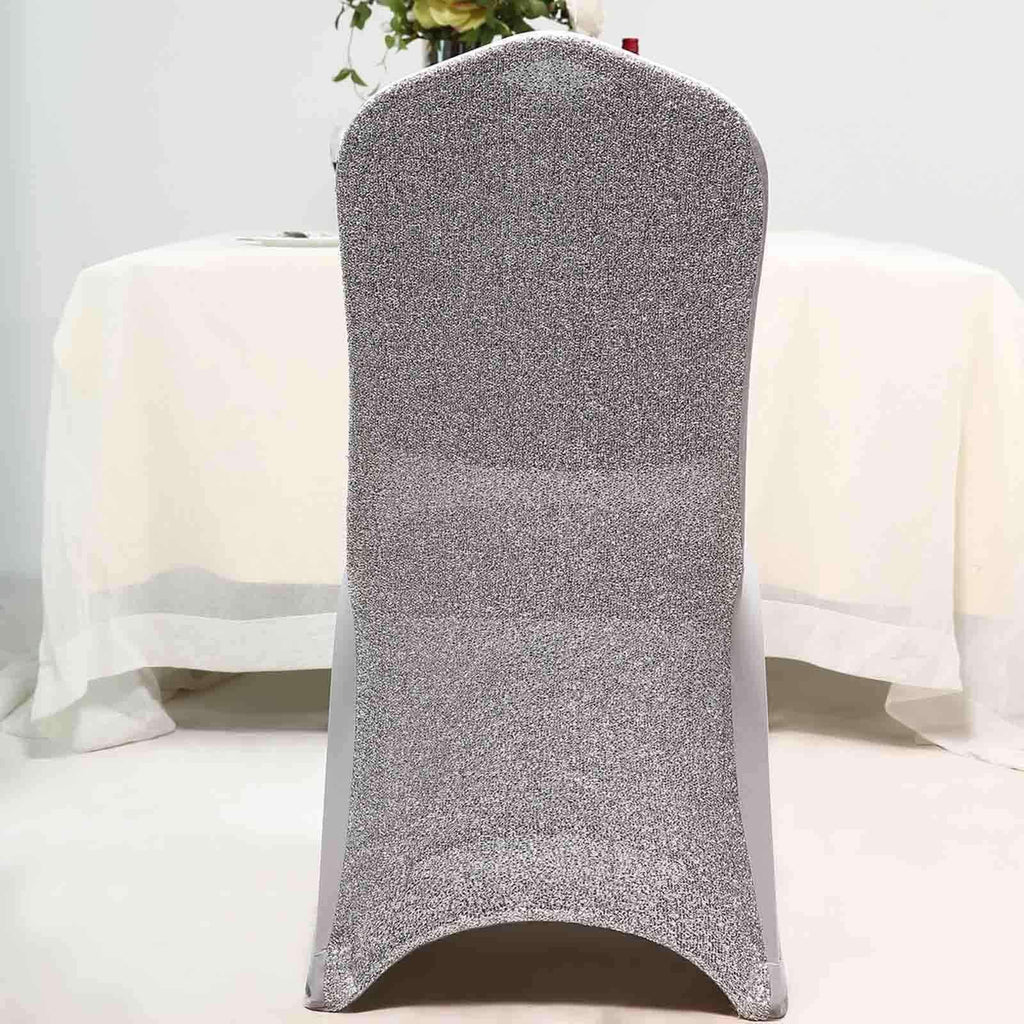 Spandex Chair Cover with Metallic Shimmer Tinsel Back for Banquet Chairs Silver - Fitted Slipcover