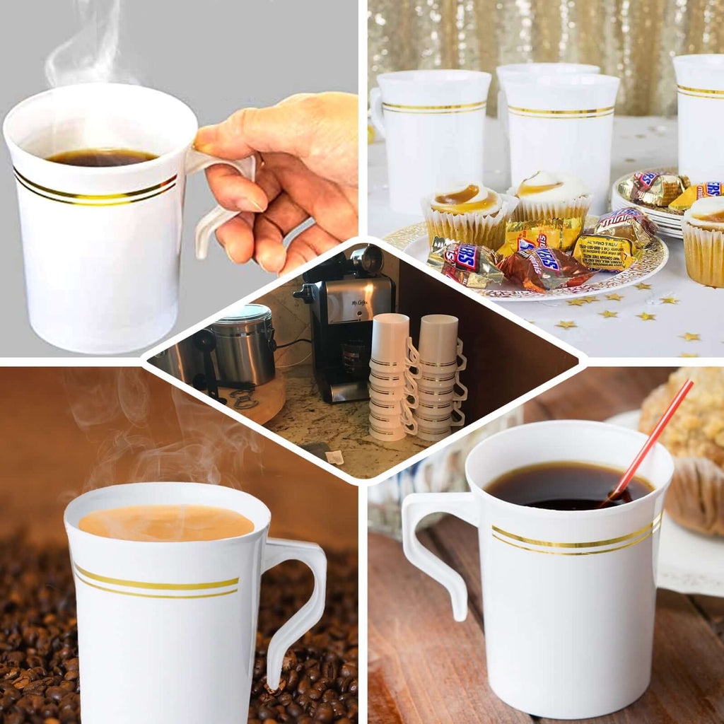 8-Pack Plastic Coffee Mugs White with Gold Stripes - Sturdy Disposable Cups for Coffee and Tea 8oz 4"
