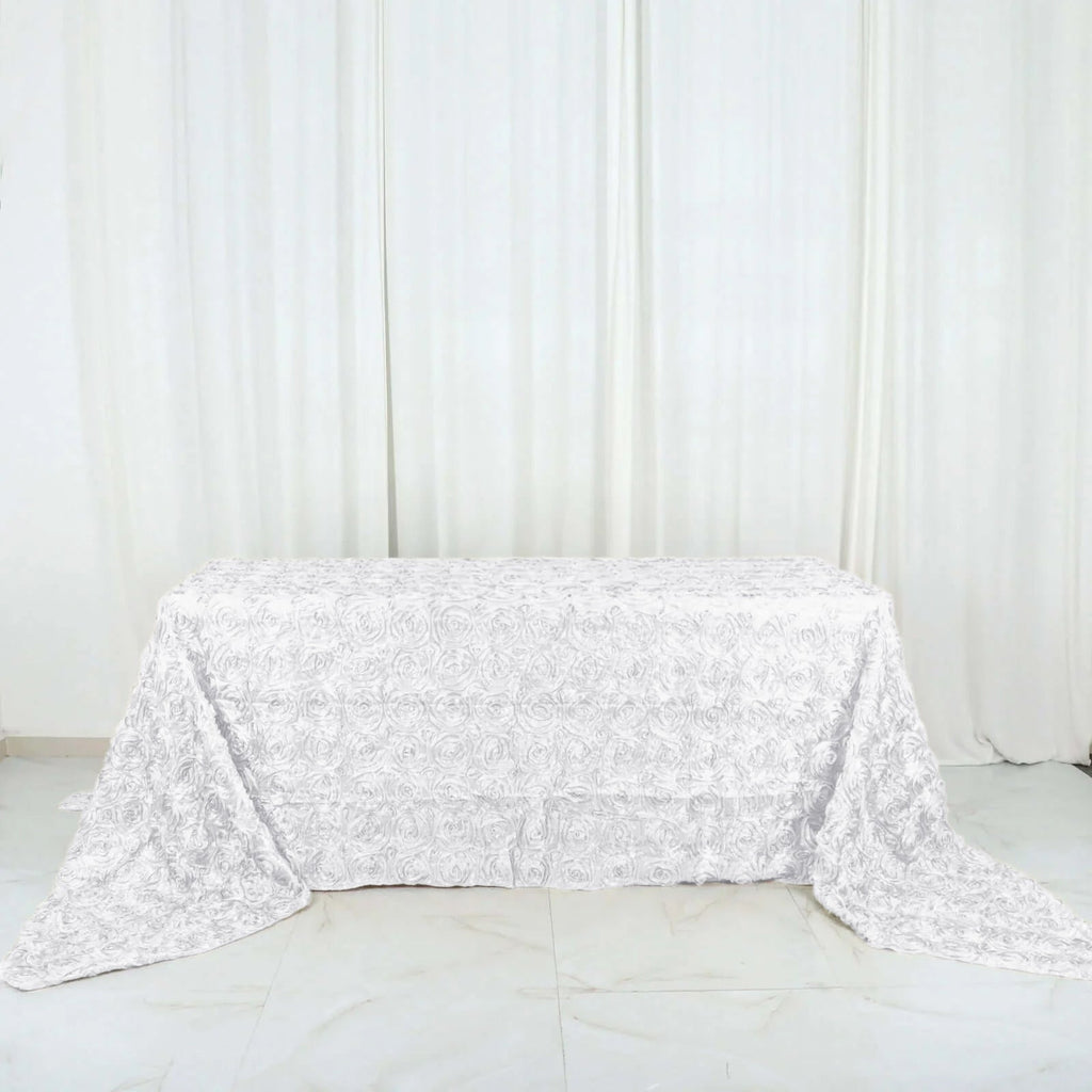 Satin 90"x156" Rectangle Tablecloth White - Grandiose 3D Rosette Design with Seamless Finish for Sophisticated Celebrations