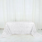 Satin 90"x156" Rectangle Tablecloth White - Grandiose 3D Rosette Design with Seamless Finish for Sophisticated Celebrations