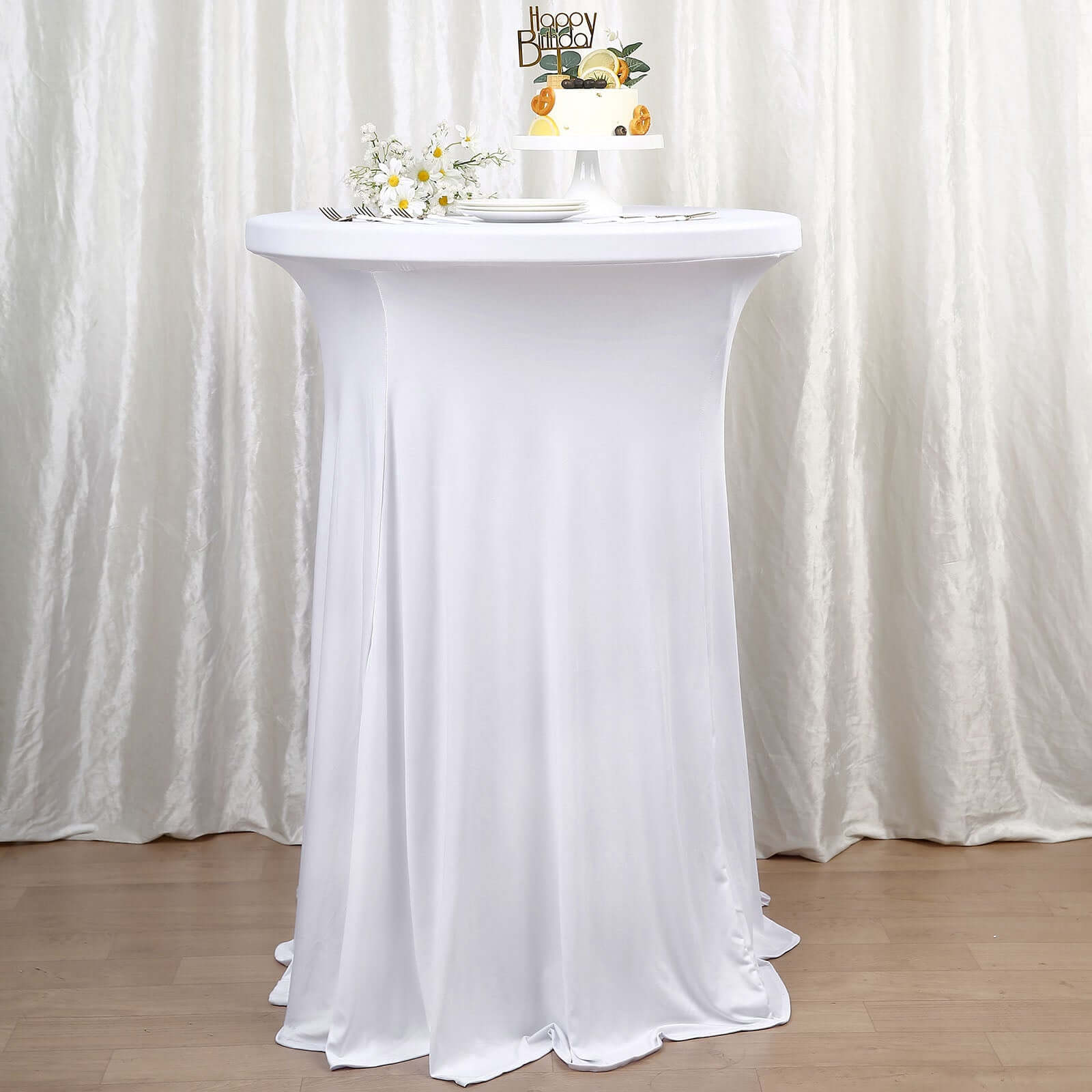 Spandex 30" Round Cocktail Table Cover Skirt White With Natural Wavy Drapes