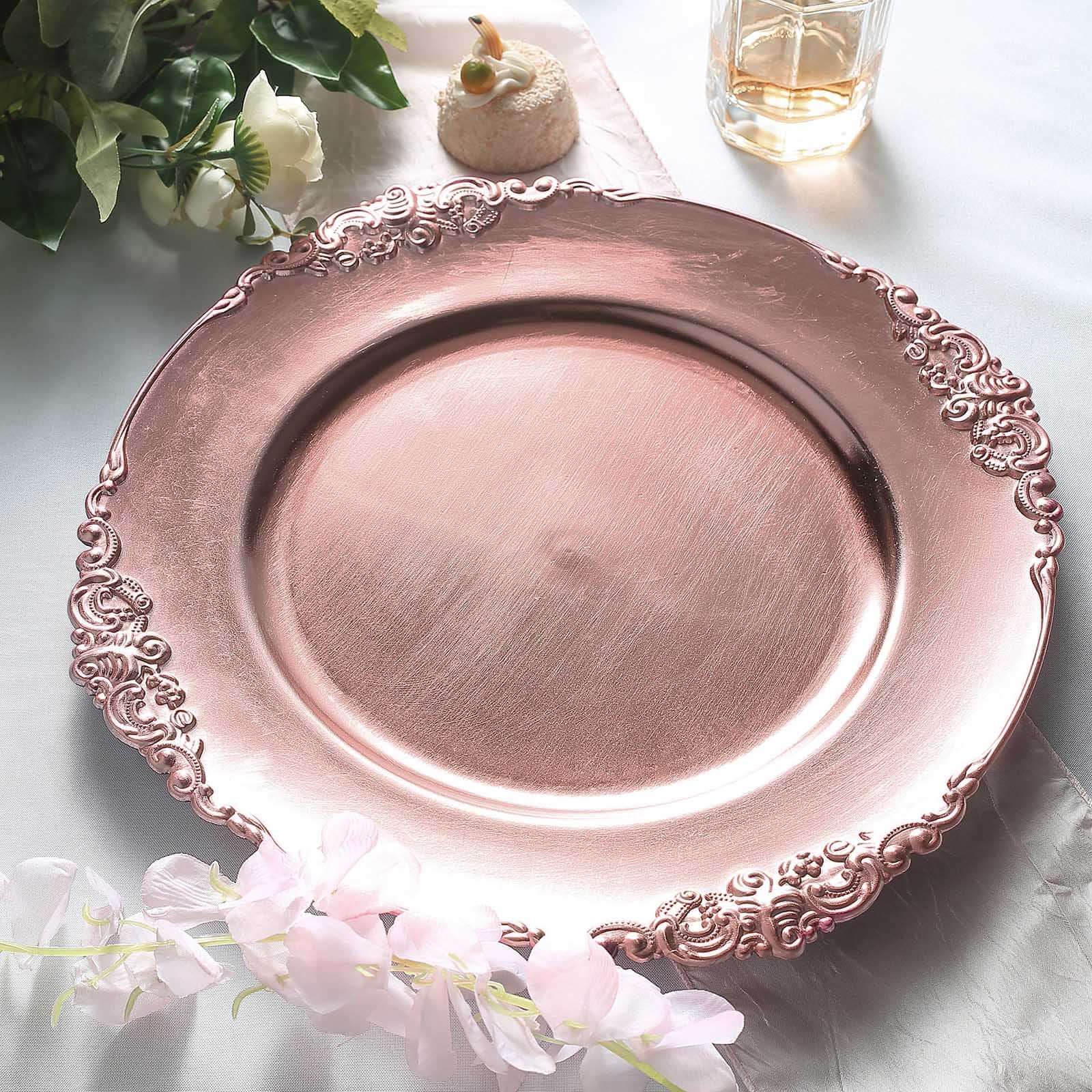 6-Pack Acrylic Round Charger Plates 13" in Rose Gold with Embossed Baroque Rim, Antique Decorative Dinner Party Charger Tableware