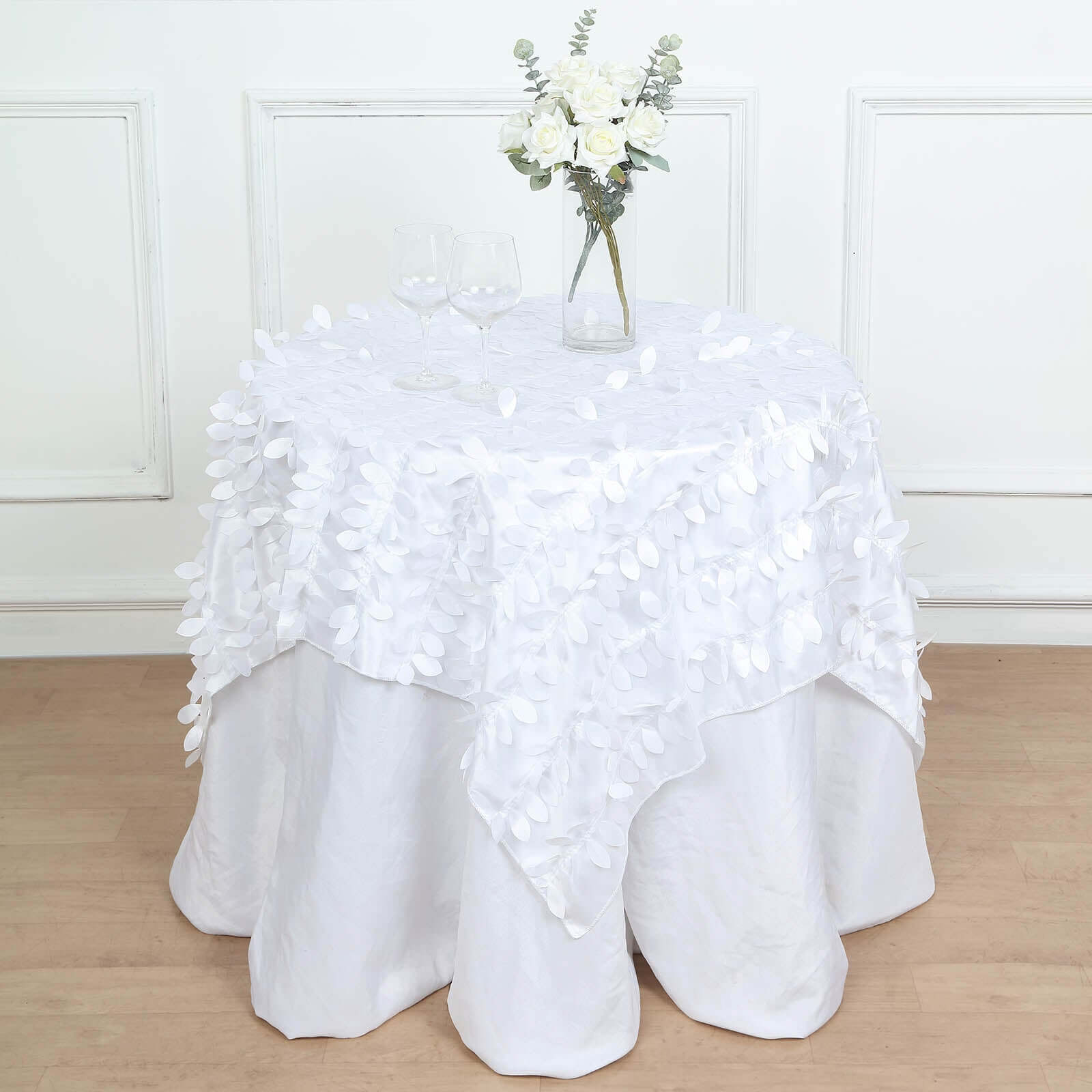 Taffeta 54"x54" Table Overlay Square Tablecloth White | Exquisite 3D Leaf Petal Design for Chic Wedding & Event Decor