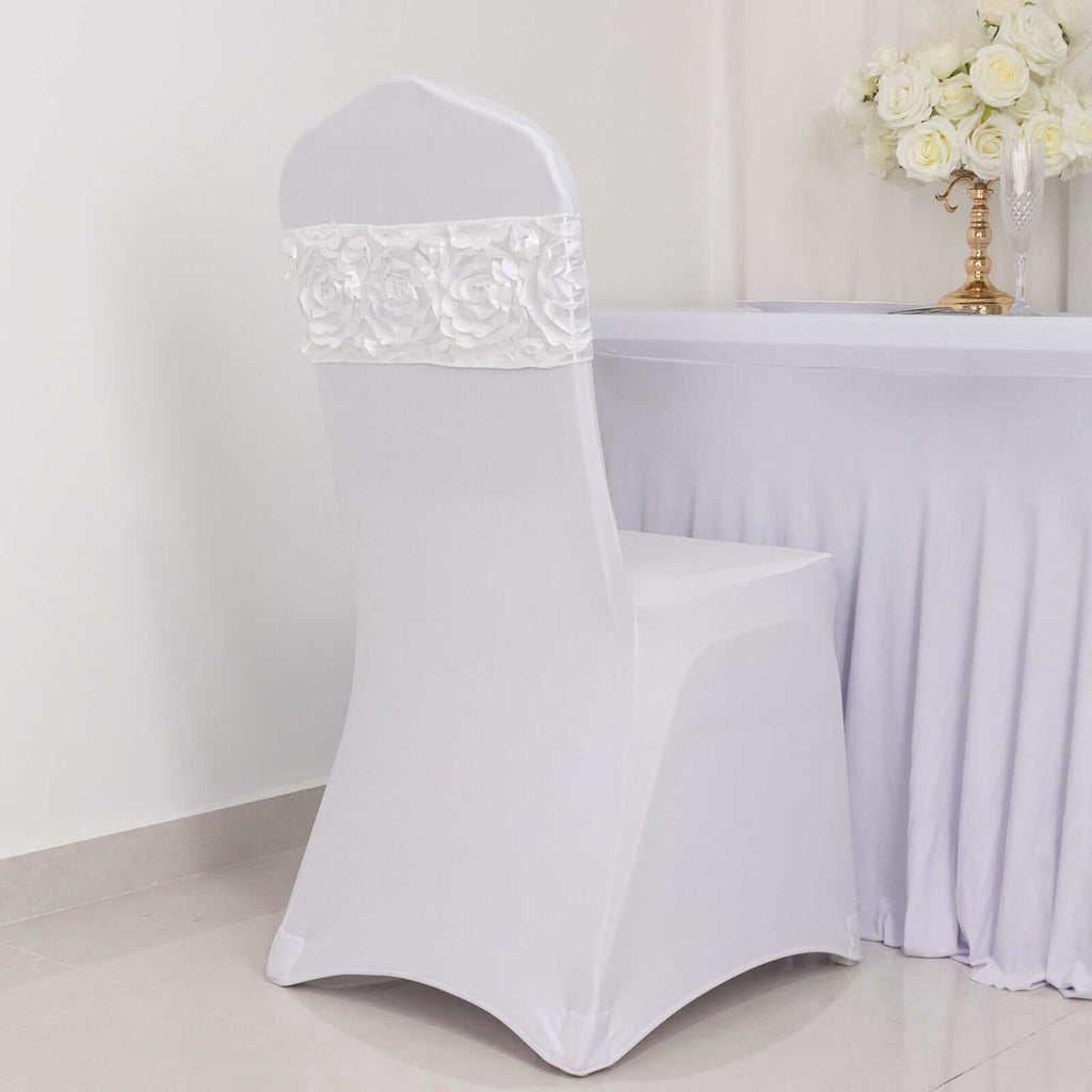 5 Pack Satin Spandex Chair Sashes White - Exquisite Rosette Design Stretch Chair Bands 6"x14"
