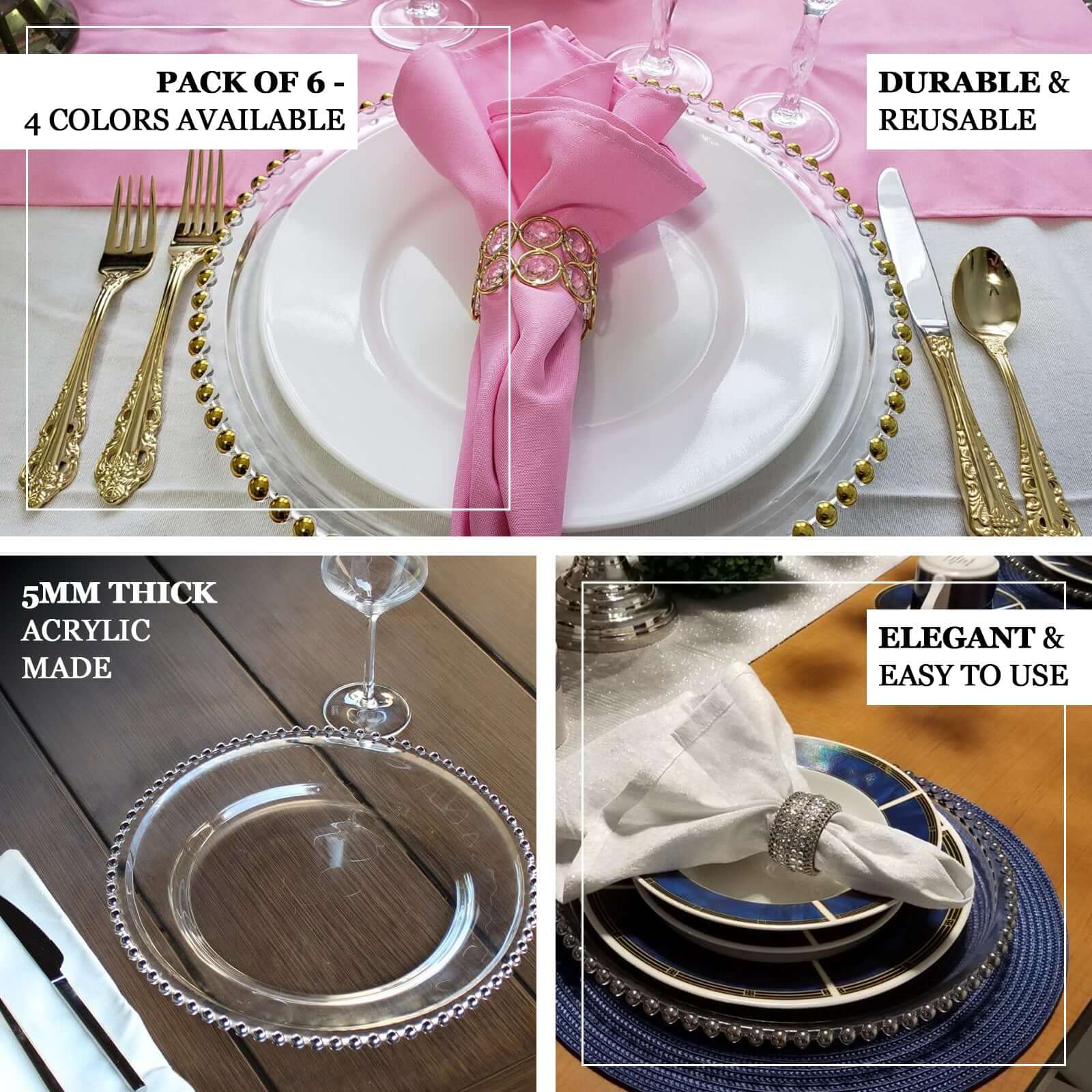 6-Pack Acrylic Round Charger Plates 13" in Clear with Rose Gold Beaded Rim, Decorative Dinner Party Serving Plates