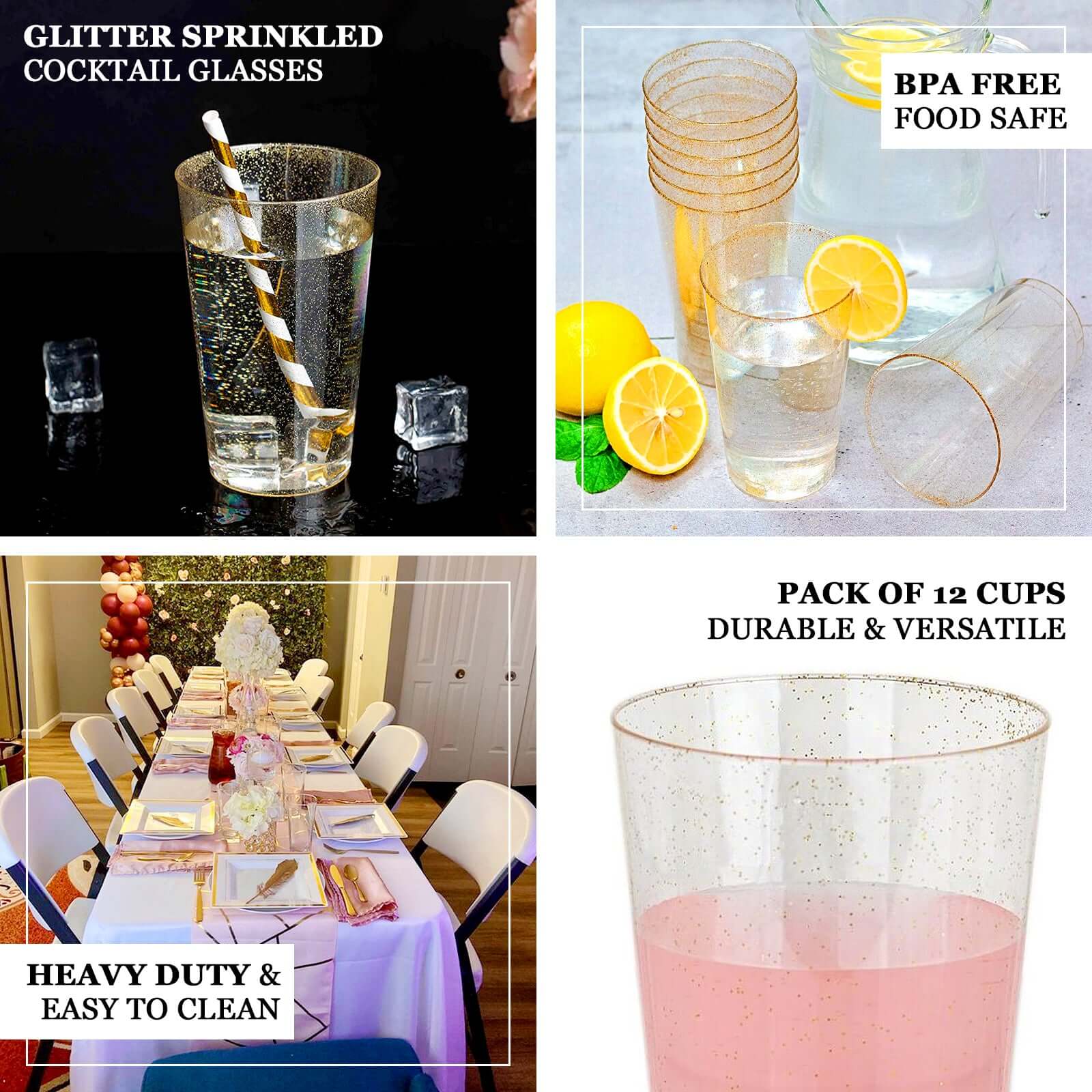 12-Pack Plastic Party Cups Clear Silver Glitter - Durable Disposable Tumblers for Drinks 17oz 6"