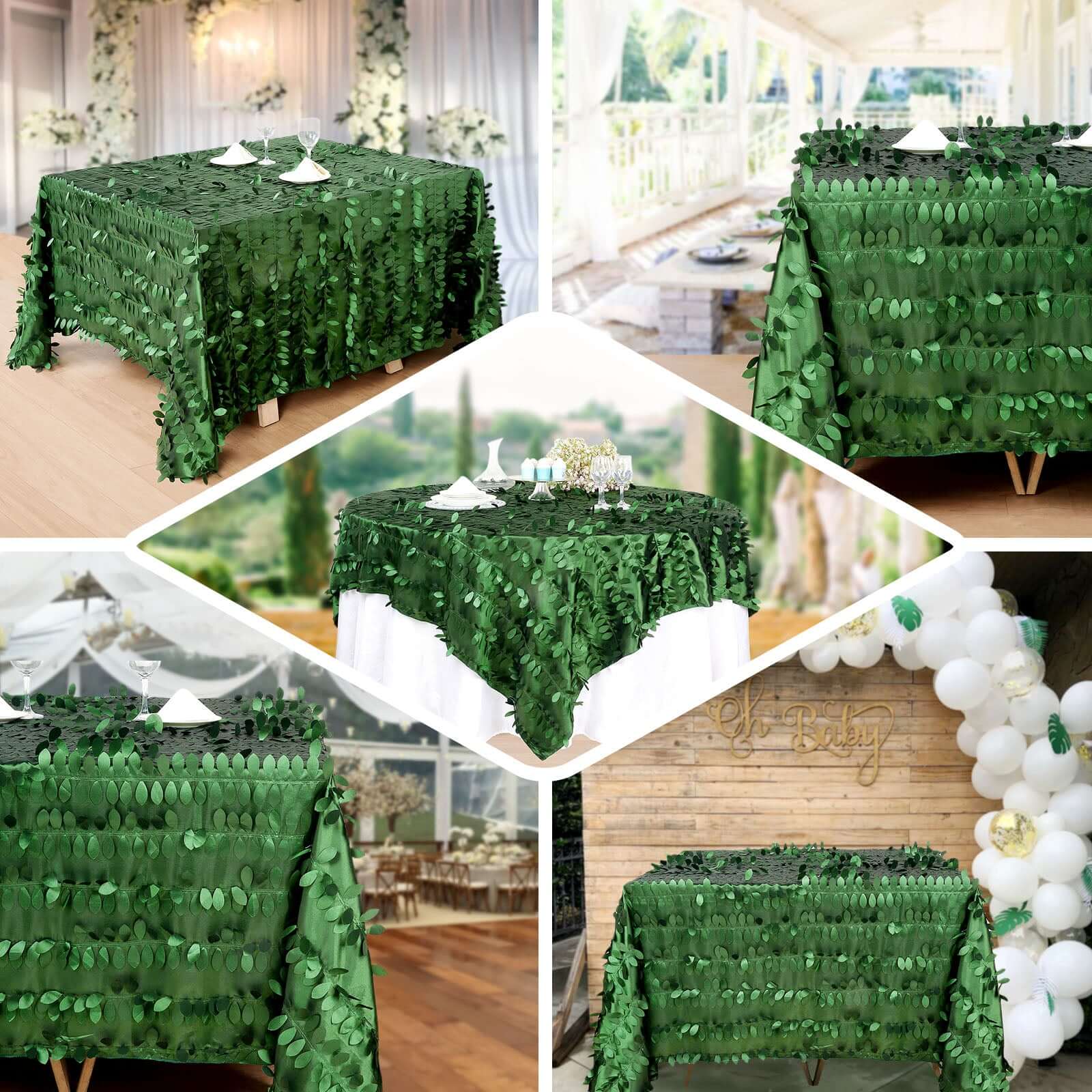 Taffeta 90"x90" Table Overlay Square Tablecloth Green - Leaf Petal Design for Stylish Celebrations