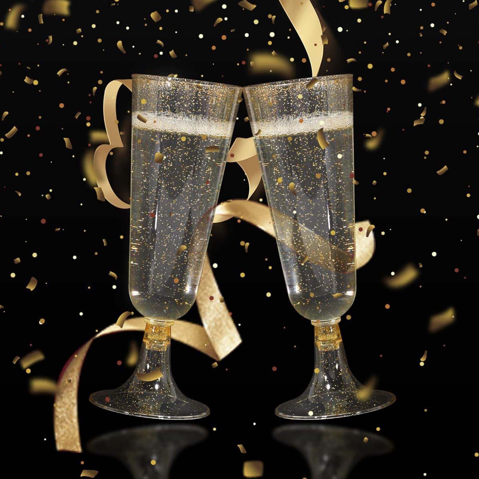 12-Pack Plastic Champagne Glasses Gold Glittered Short Stem - Stylish Disposable Flutes with Detachable Base for Toasts 5oz