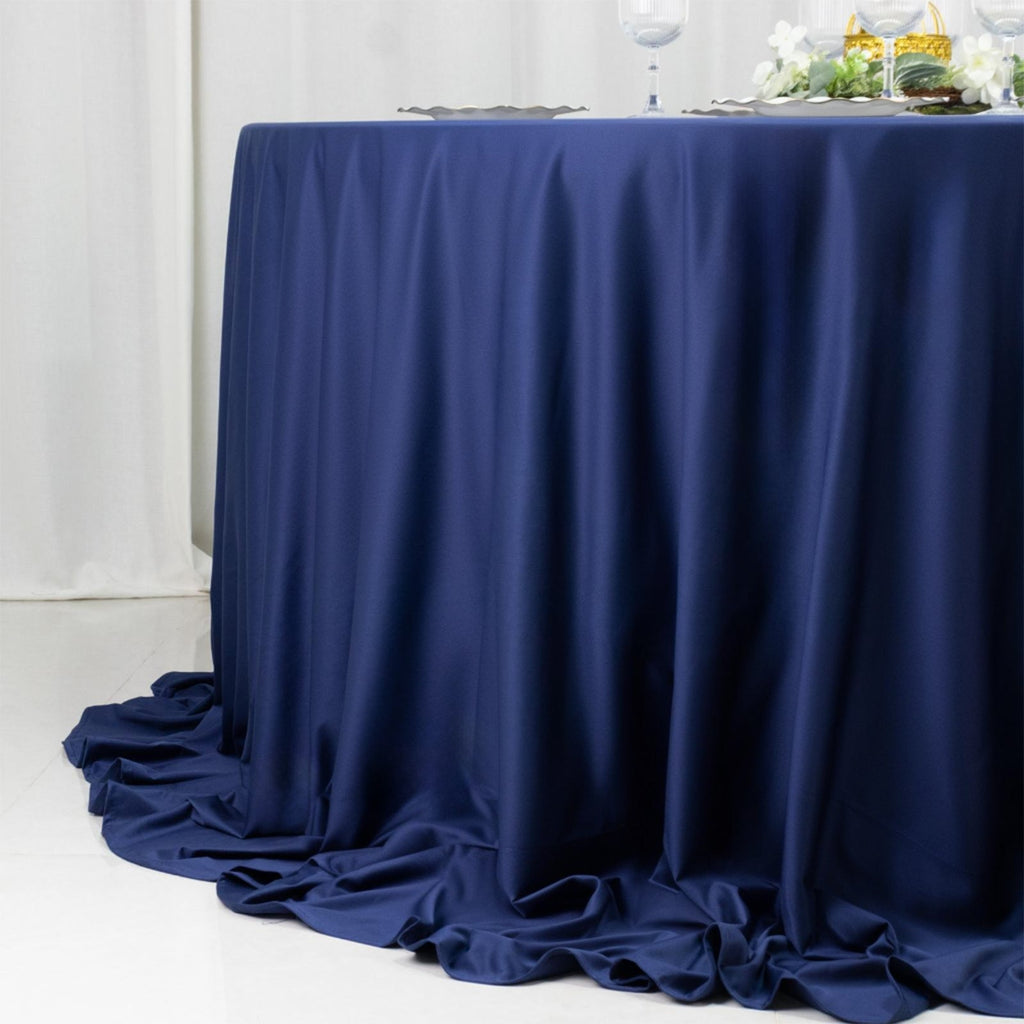 Fire Retardant Scuba Tablecloth â€“ 132" Round Navy Blue, Wrinkle Free, Stain Resistant, Seamless Polyester Cover - Bell Racket Store