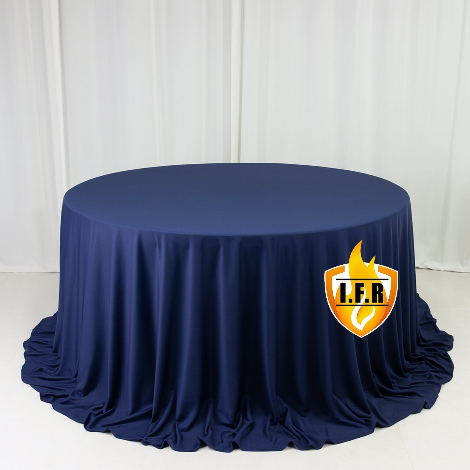 Fire Retardant Scuba Tablecloth â€“ 132" Round Navy Blue, Wrinkle Free, Stain Resistant, Seamless Polyester Cover - Bell Racket Store