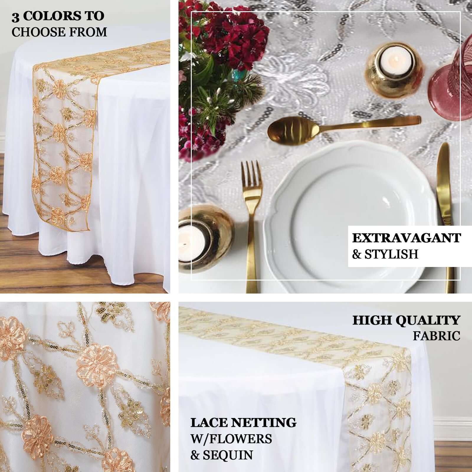 Lace Netting 14"x108" Table Runner Champagne Satin Floral Embellishments - Chic Vintage Table Decor