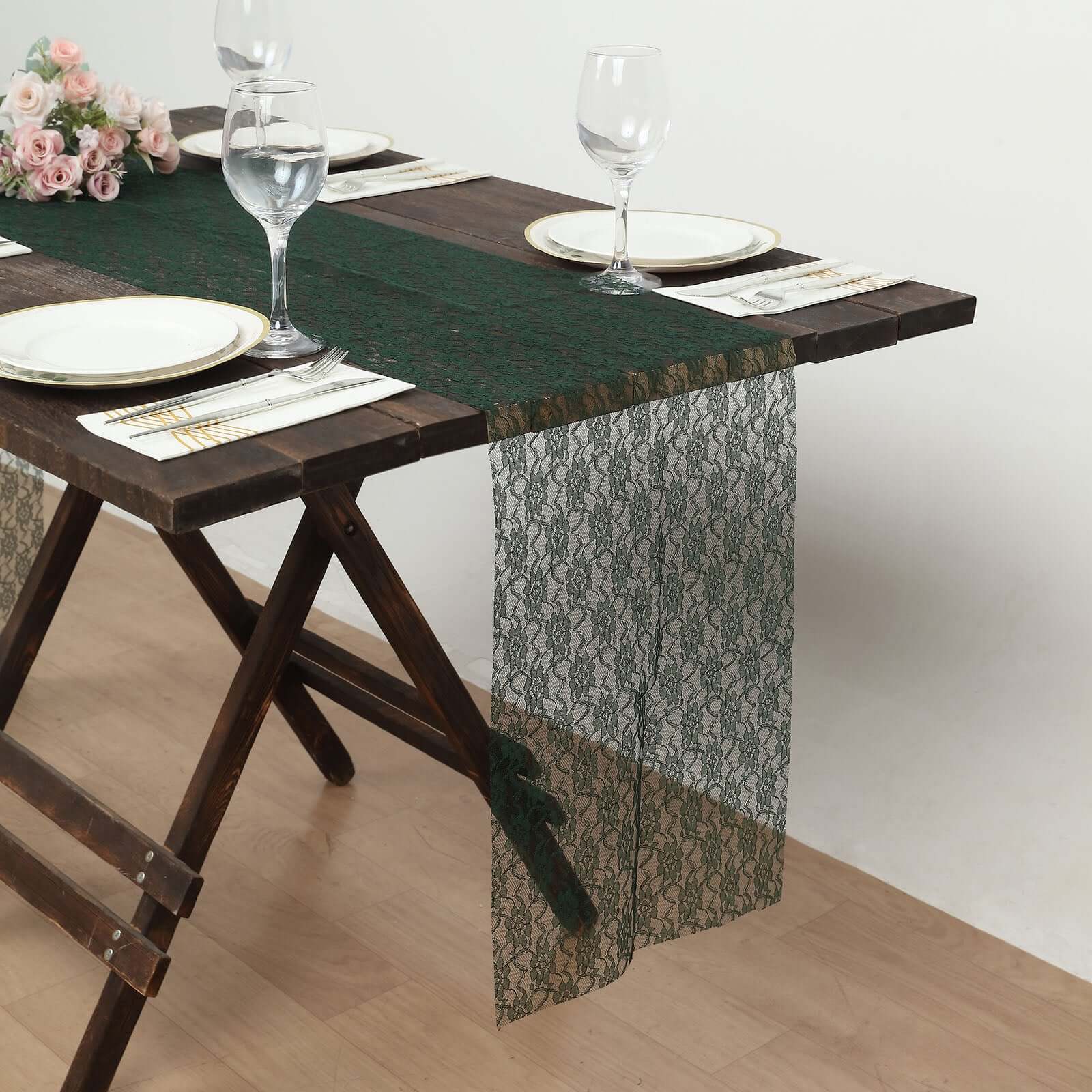 Floral Lace 12"x108" Table Runner Hunter Emerald Green - Stylish Vintage Table Decor - Bell Racket Store