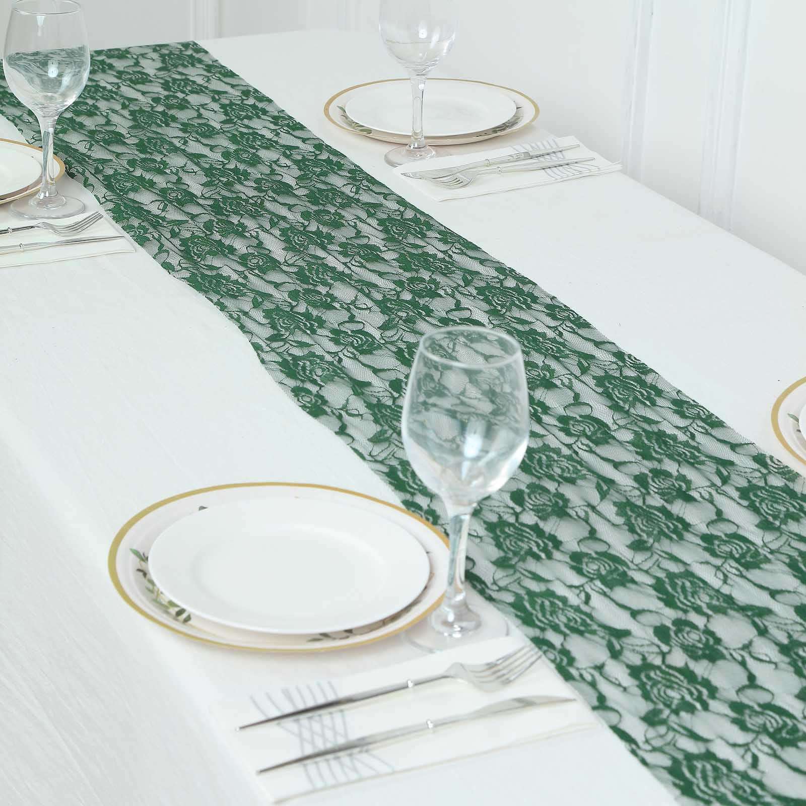 Lace 12"x108" Table Runner Hunter Emerald Green - Vintage Rose Pattern Table Decor