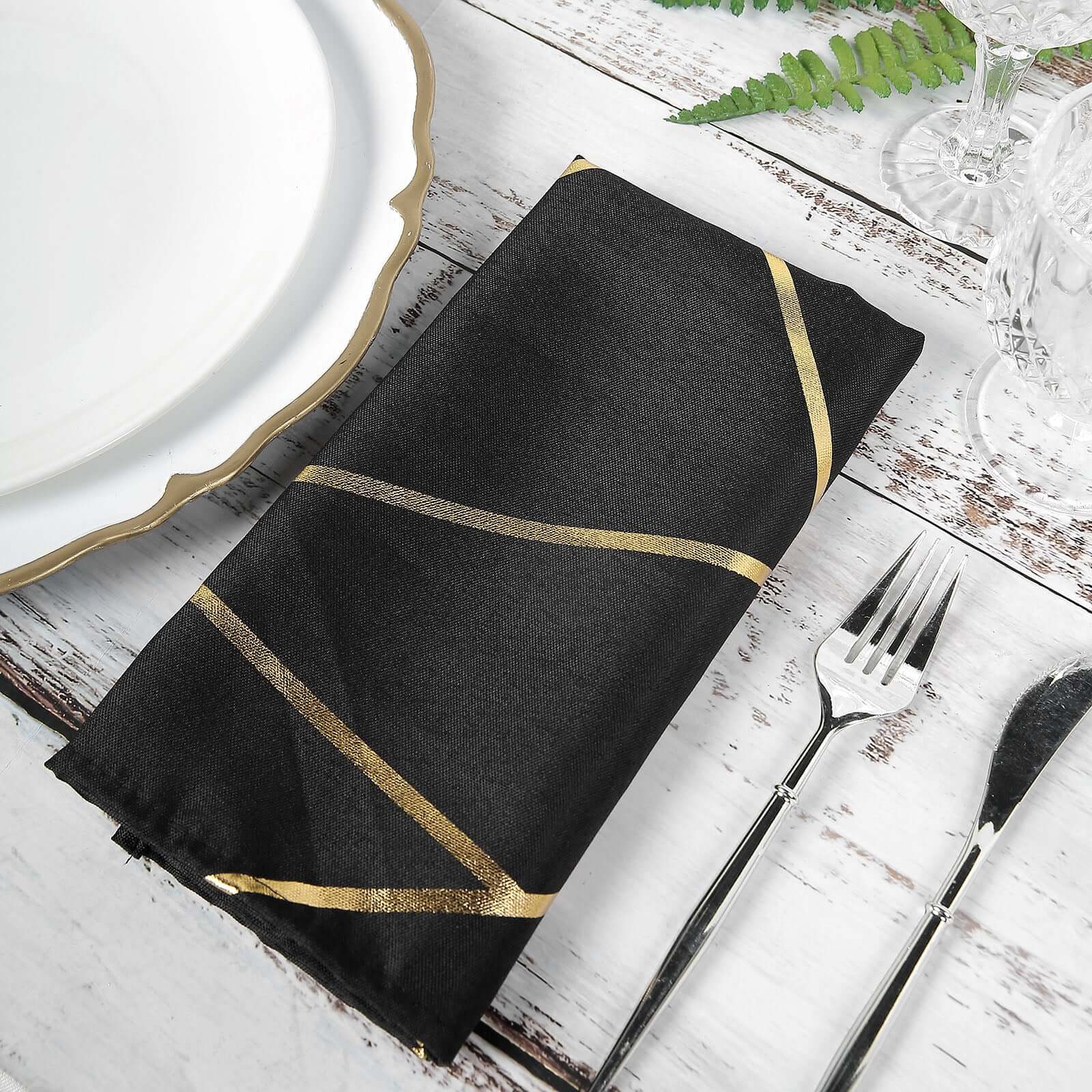 5 Pack Polyester 20"x20" Napkins Black with Gold Geometric Foil Pattern - Modern Reusable Dinner Napkins