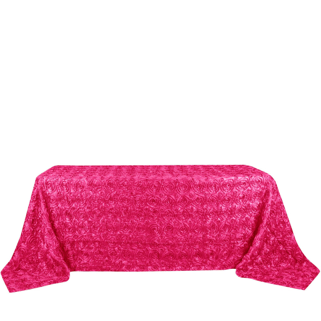 Satin 90"x132" Rectangle Tablecloth Fuchsia - Grandiose 3D Rosette Seamless Table Cover