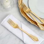24-Pack Plastic Forks Baroque Style Metallic Gold - Heavy Duty Disposable Silverware 8"