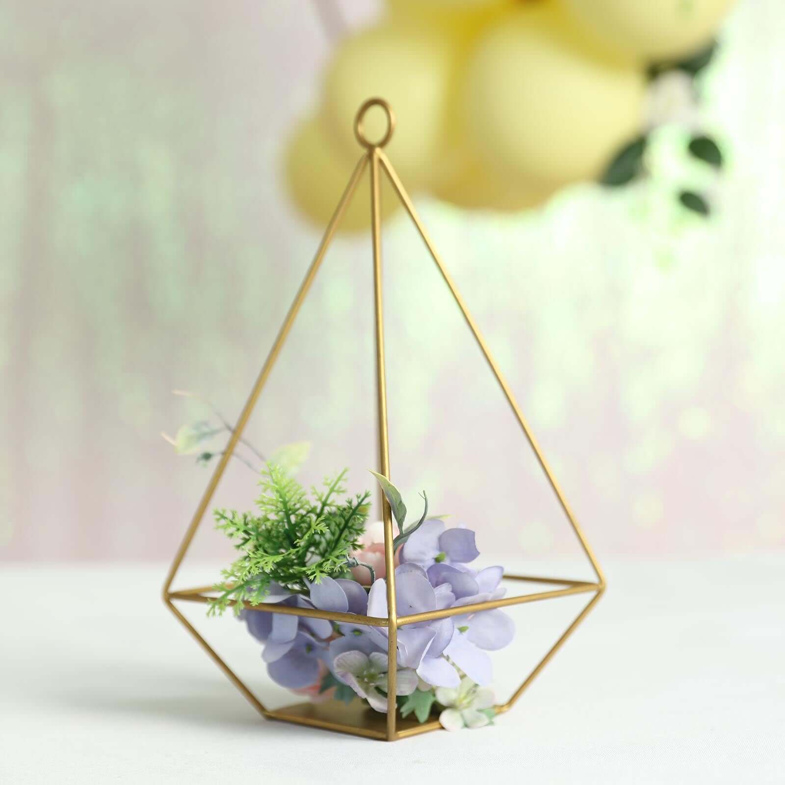 2-Pack Tealight Candle Holders Gold Metal Pyramid Geometric Open Frame - Flower Stand 9"