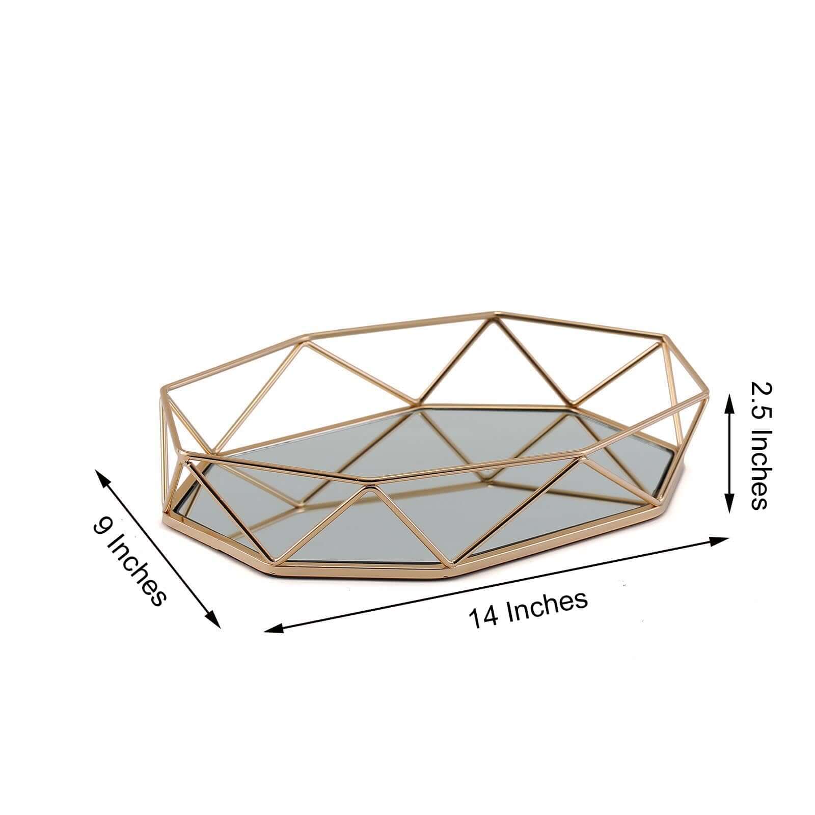 Metal Octagon Serving Tray 14"x9" in Gold with Mirrored Top, Sleek Decorative Vanity Tray Centerpiece