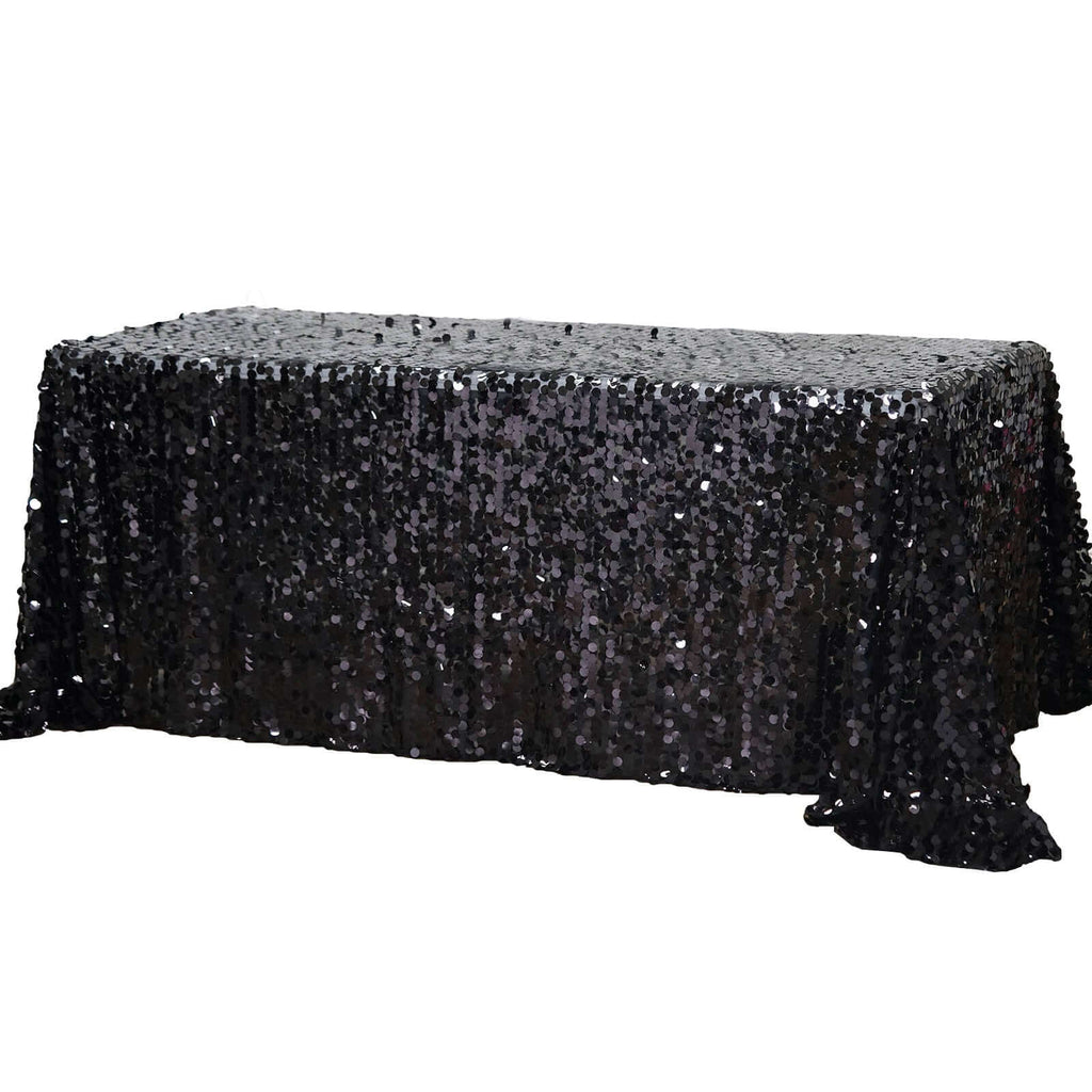 Sequin 90"x132" Rectangle Tablecloth Black - Seamless Big Payette Design for Sophisticated Occasions