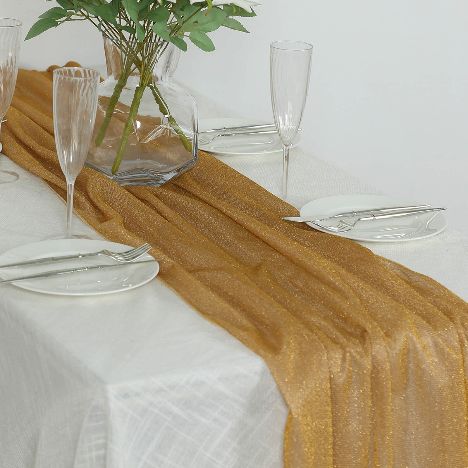 Glitter Gauze 27"x120" Table Runner Gold - Sparkling Reusable Wrinkle - Free Sheer Table Linen for Events - Bell Racket Store