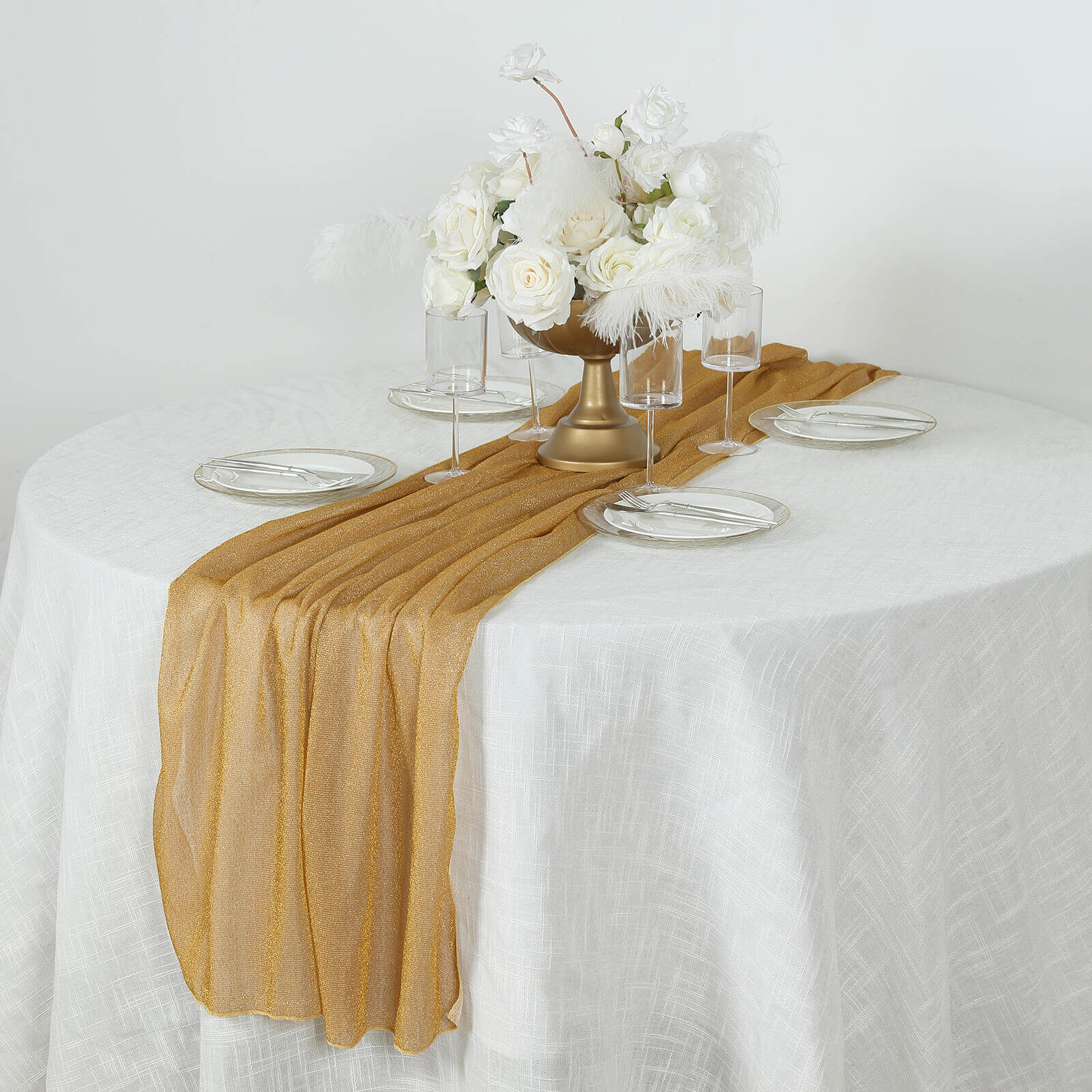 Glitter Gauze 27"x120" Table Runner Gold - Sparkling Reusable Wrinkle - Free Sheer Table Linen for Events - Bell Racket Store