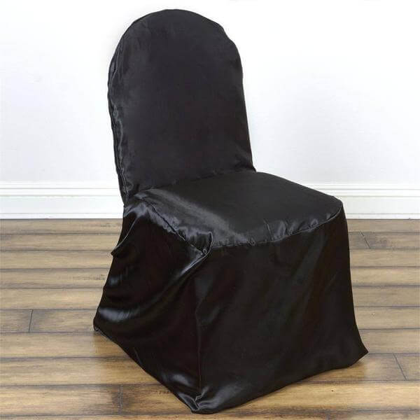 Satin Chair Covers for Banquet Chairs Black with Glossy Finish - Reusable Slipcovers