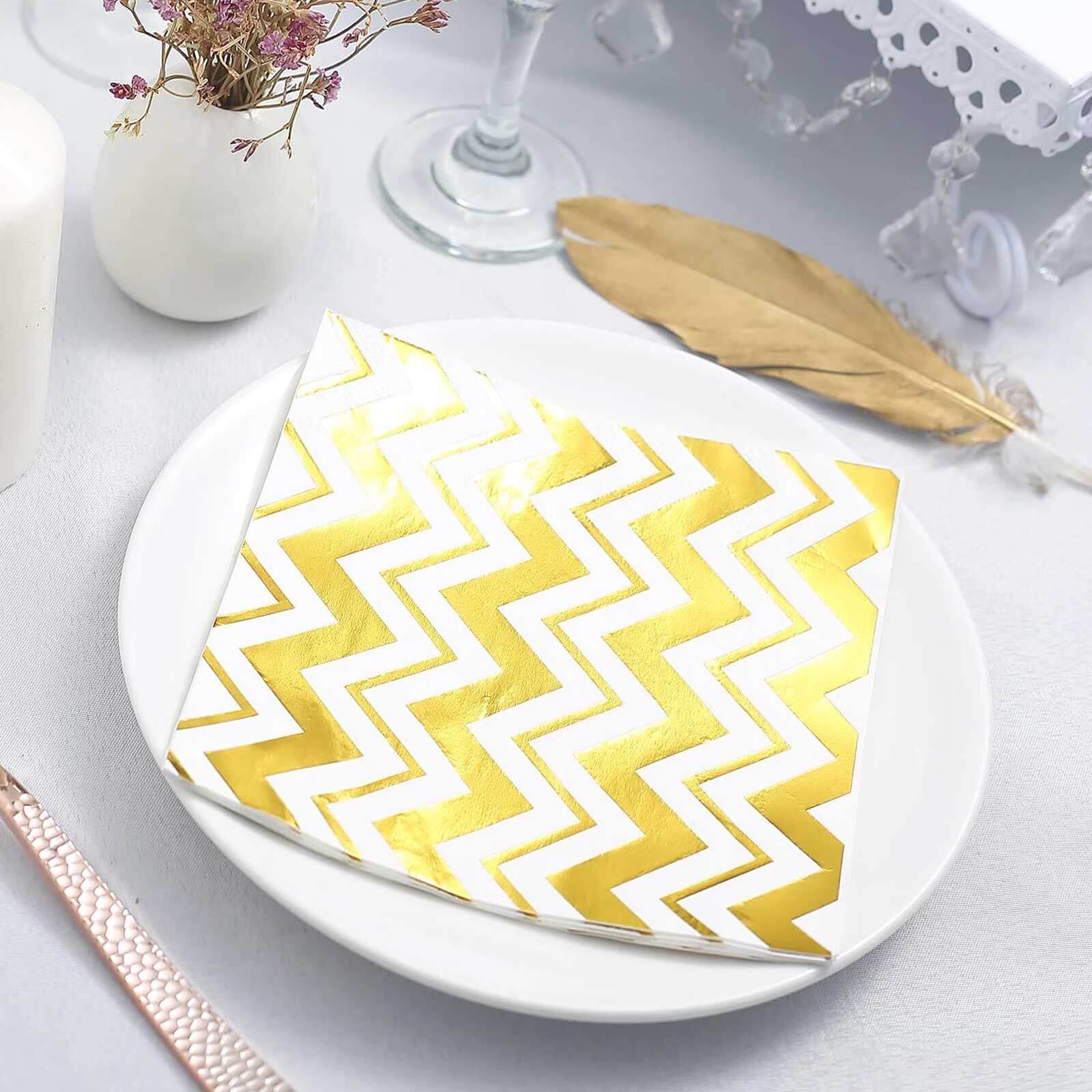 20-Pack Paper Dinner Napkins with Chevron Design Metallic Gold - Disposable 3 Ply Cocktail Napkins for Weddings