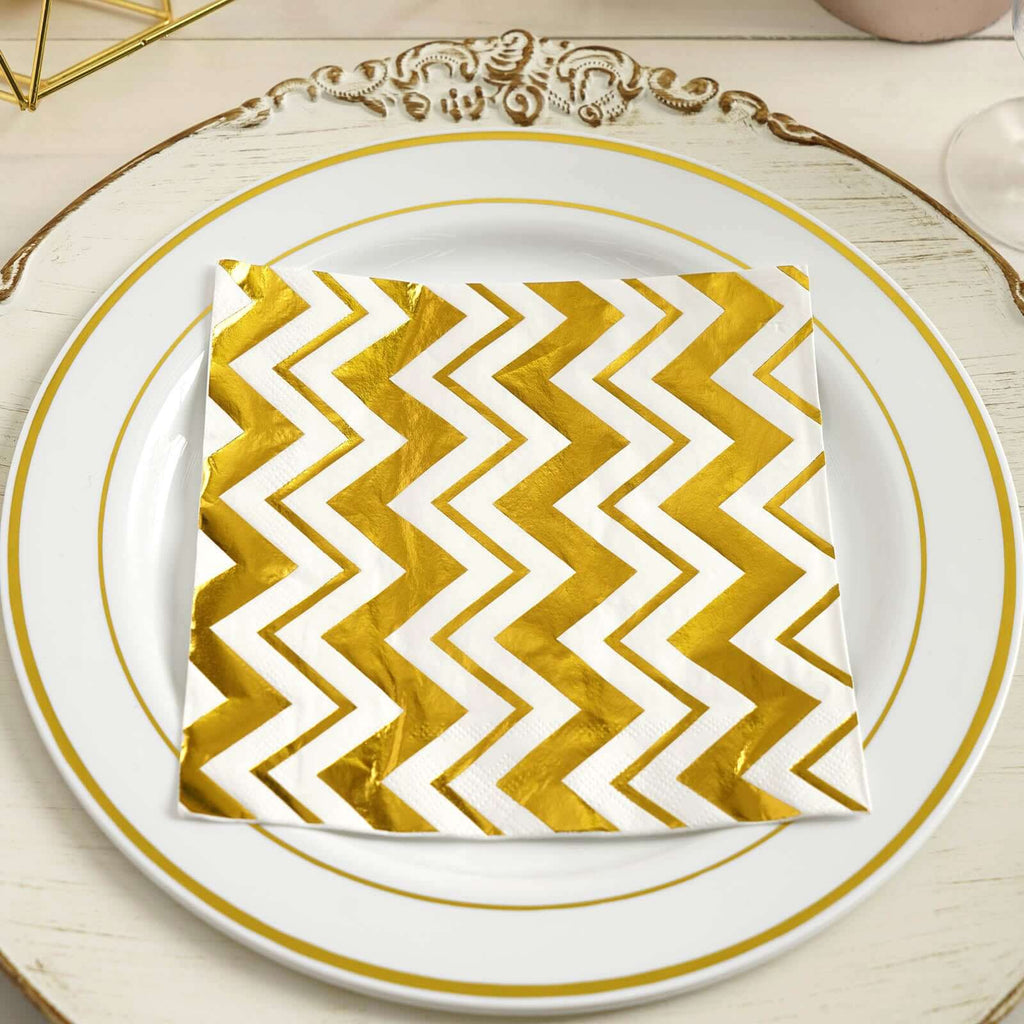 20-Pack Paper Dinner Napkins with Chevron Design Metallic Gold - Disposable 3 Ply Cocktail Napkins for Weddings