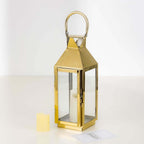 Stainless Steel Candle Lantern Crown Top Design Gold - Outdoor Metal Patio Lantern Centerpiece 14"