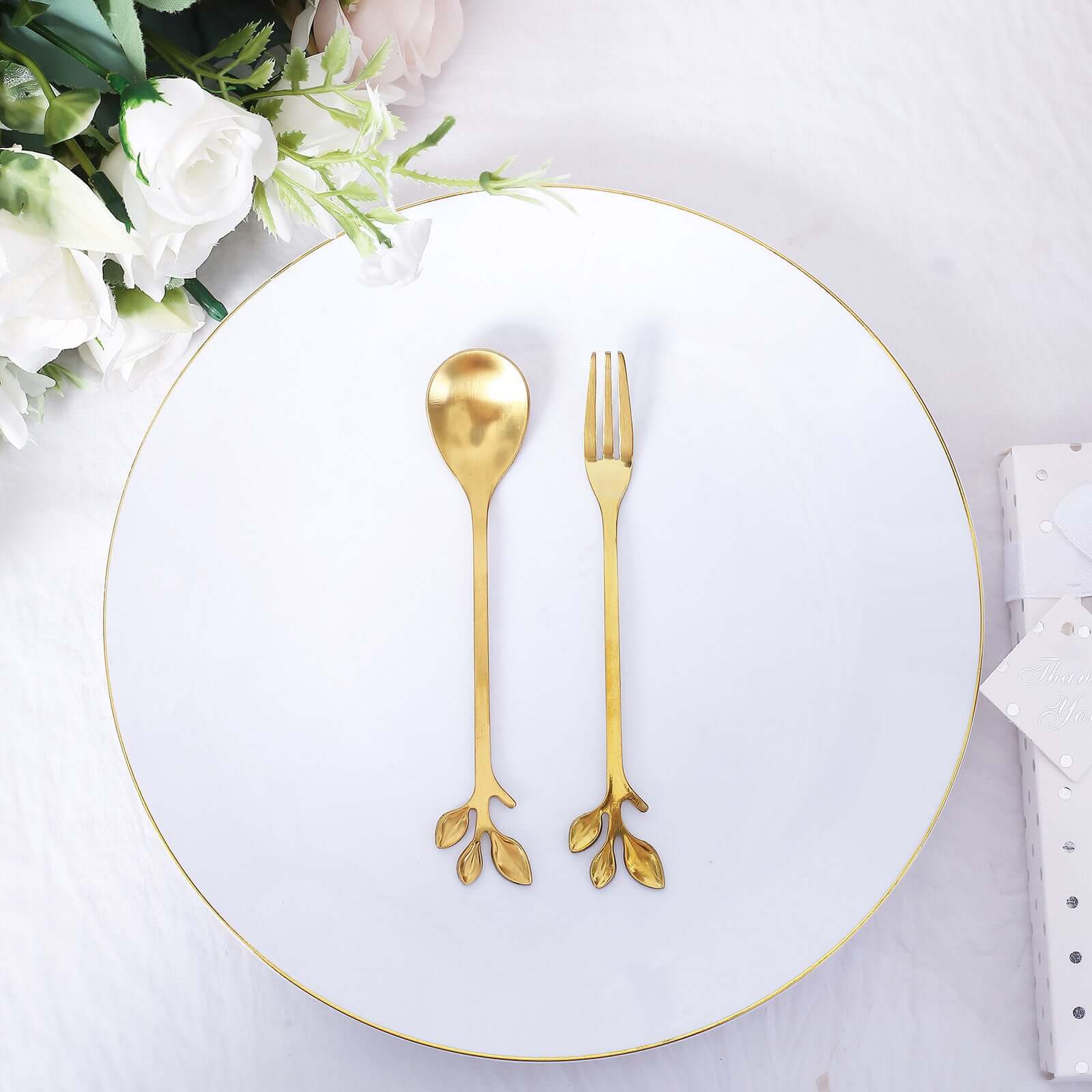 Gold Metal Spoon & Fork Pre - Packed Wedding Party Favors Set With Leaf Shaped Handle, Bridal Shower Souvenir Gift Box - 5" - Bell Racket Store