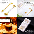 Gold Metal Spoon & Fork Pre - Packed Wedding Party Favors Set With Leaf Shaped Handle, Bridal Shower Souvenir Gift Box - 5" - Bell Racket Store