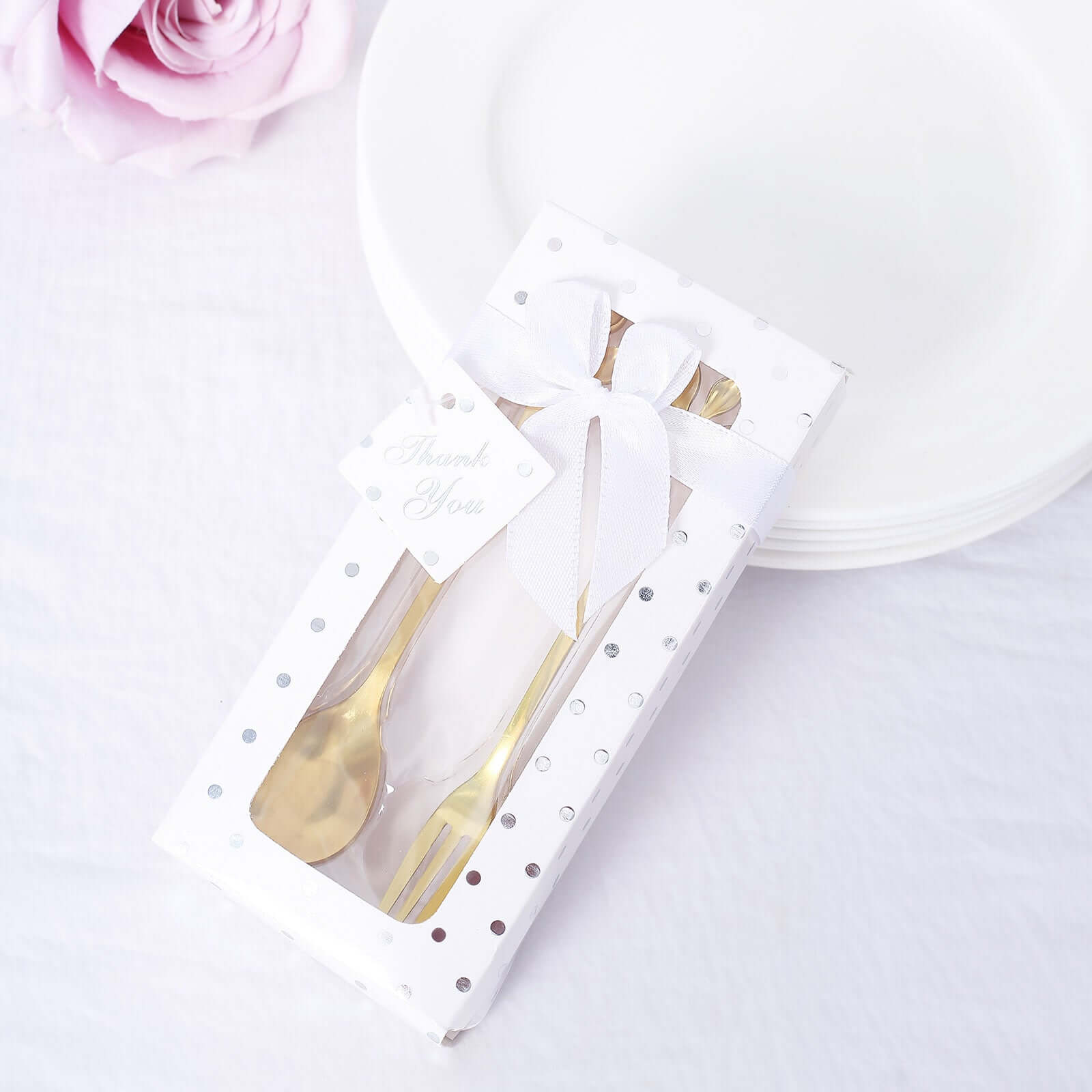 Gold Metal Spoon & Fork Pre - Packed Wedding Party Favors Set With Leaf Shaped Handle, Bridal Shower Souvenir Gift Box - 5" - Bell Racket Store