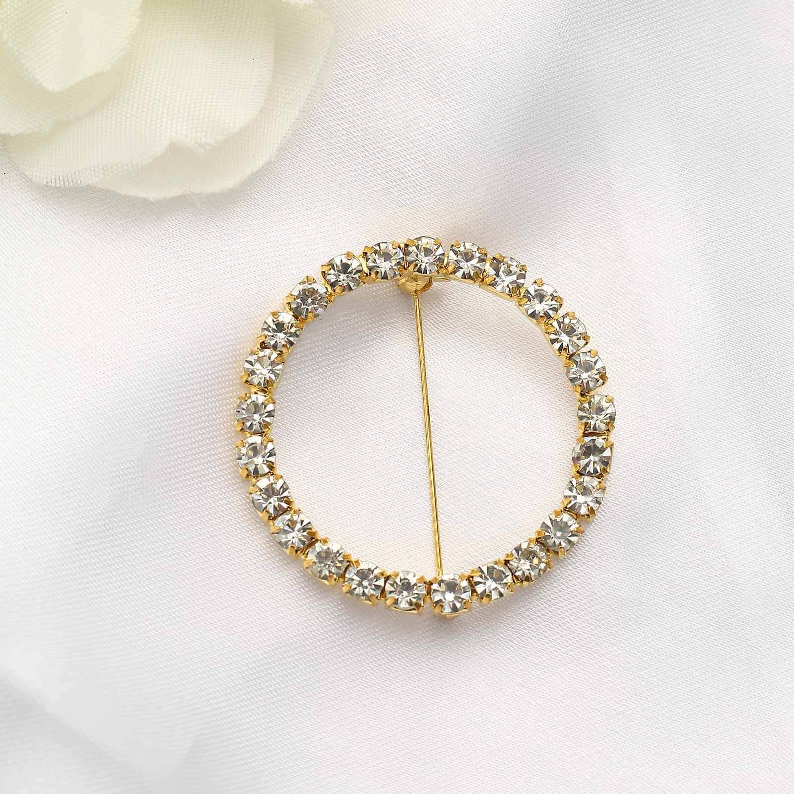 Rhinestone Chair Sash Band Buckle Gold 2" Circle Metal - Glittering Diamond Bow Pin for Chair Sashes & Wedding Decor